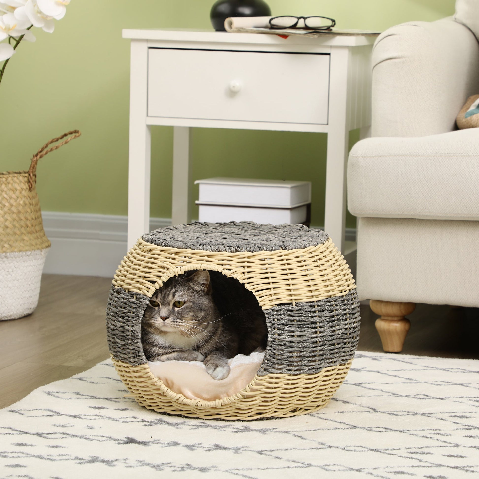 Wicker Cat House, Rattan Raised Cat Bed, Cosy Kitten Cave with Soft Washable Cushion, Φ40 x 30cm