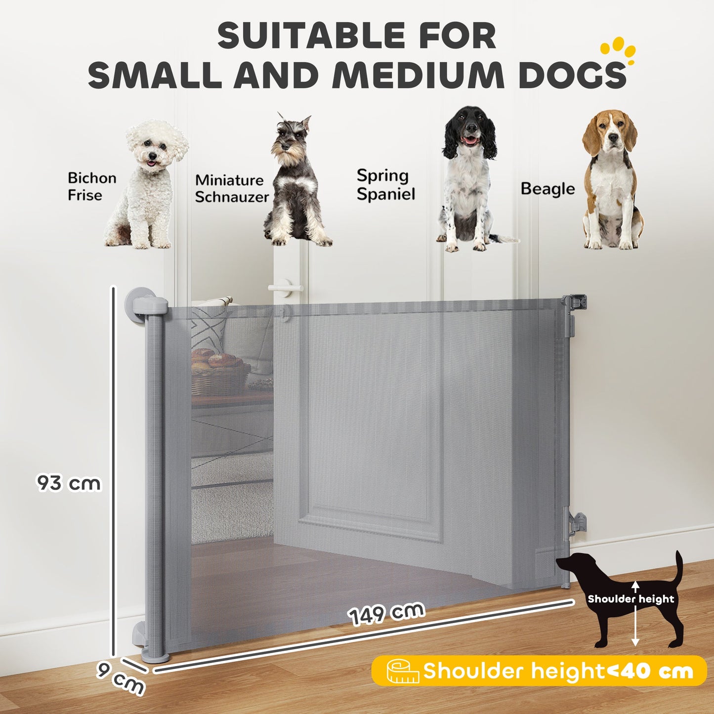 Retractable Stair Gate for Dogs, Pet Gate, Extends to 140 cm Wide & 93 cm Tall, One Handed Operation, for Stairs, Hallways, Doorways, Indoor and Outdoor, Grey