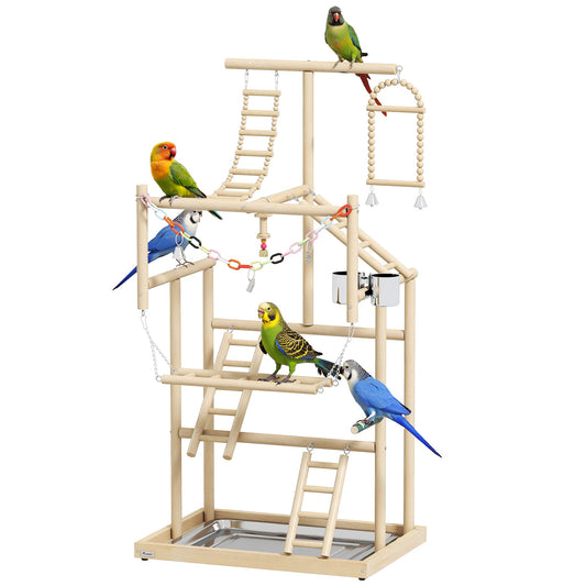 Parrot Play Stand, 95 cm Wooden Bird Playground with Ladders, Chain Toy, Stainless Steel Cups and Tray, Bird Cage Accessories for Parakeets, Cockatiels, Finches, Lovebirds, Budgie