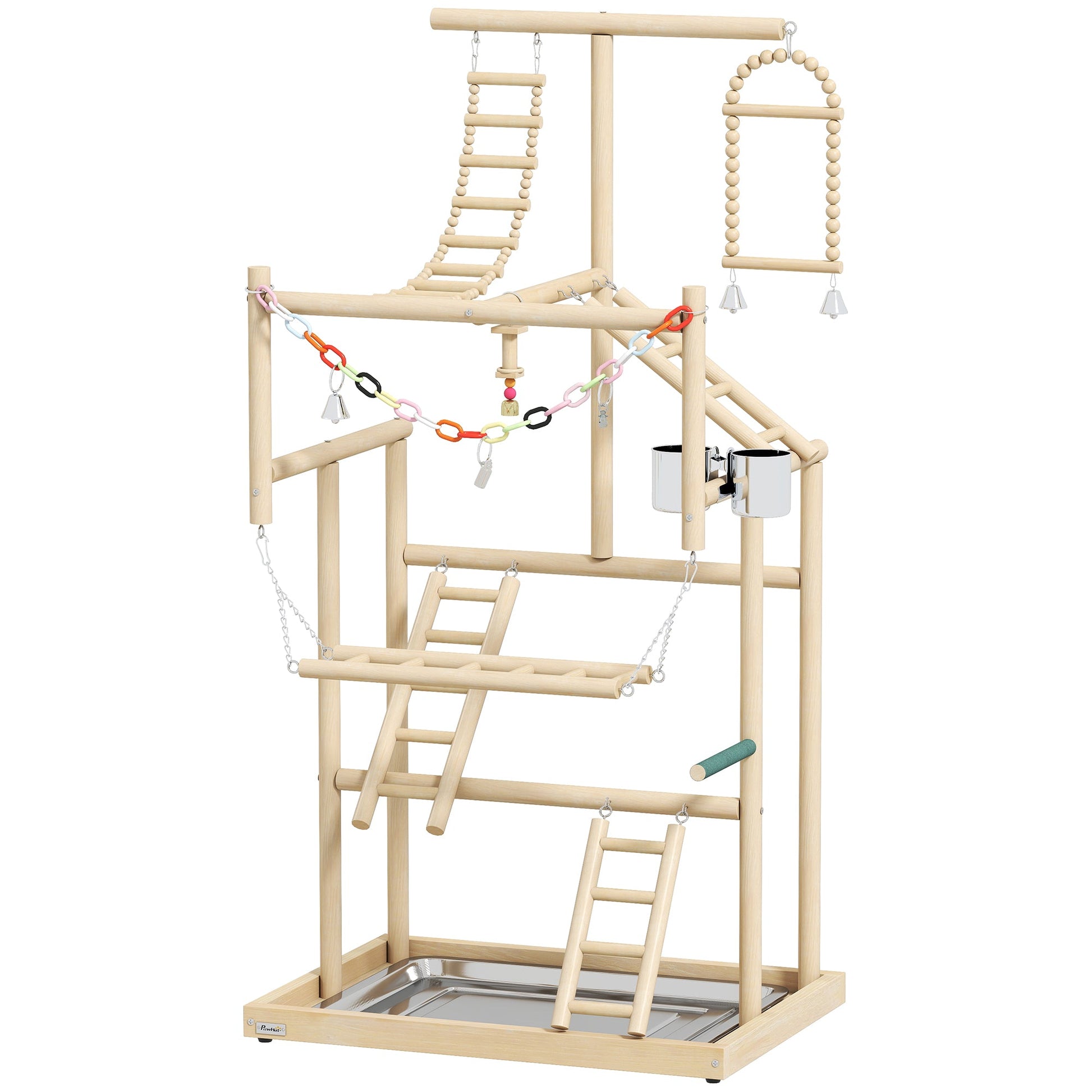 Parrot Play Stand, 95 cm Wooden Bird Playground with Ladders, Chain Toy, Stainless Steel Cups and Tray, Bird Cage Accessories for Parakeets, Cockatiels, Finches, Lovebirds, Budgie