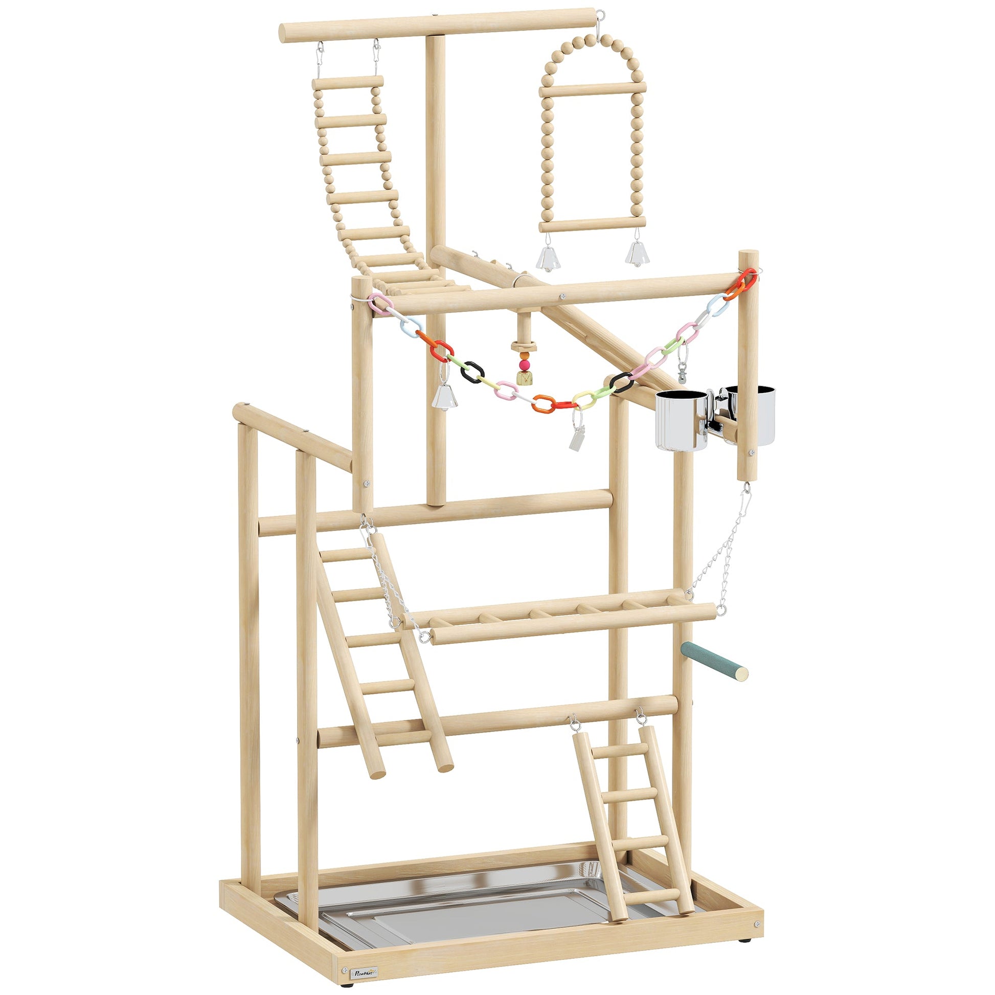 Parrot Play Stand, 95 cm Wooden Bird Playground with Ladders, Chain Toy, Stainless Steel Cups and Tray, Bird Cage Accessories for Parakeets, Cockatiels, Finches, Lovebirds, Budgie