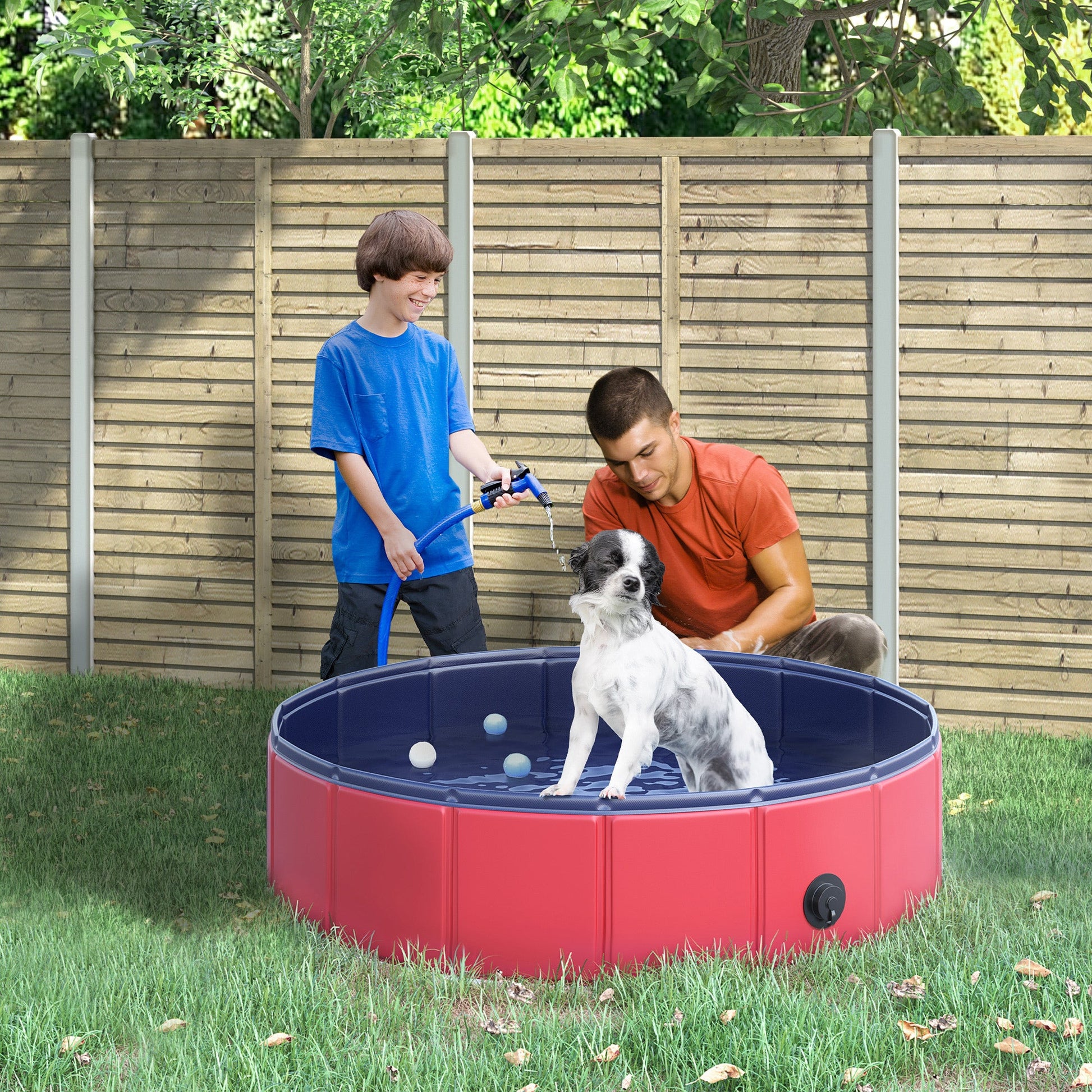 Foldable Dog Pool, 80 x 20 cm Pet Paddling Pool with Wood Board Support and Anti-Slip Bottom, Portable Doggy Paddling Pool for Garden and Outdoor Use, Red
