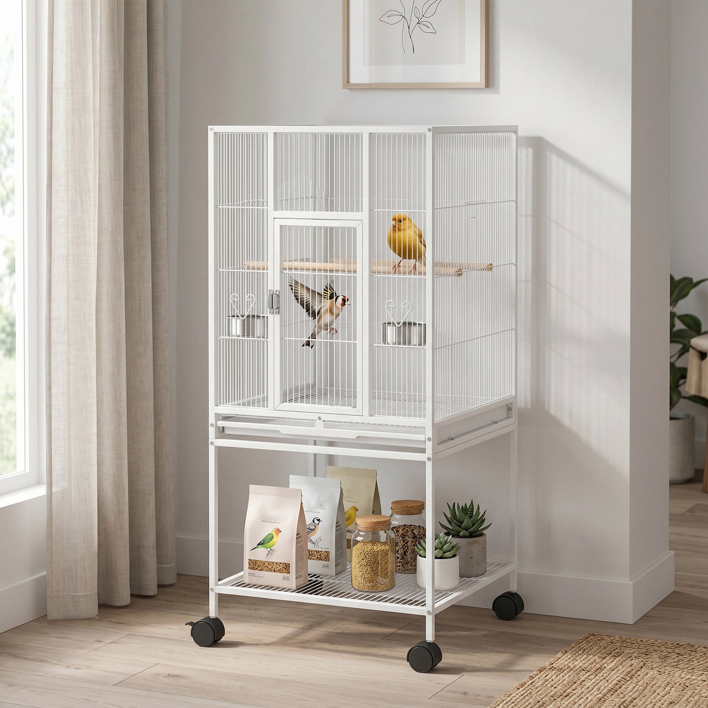 Detachable Bird Cage on Wheels, for Finches, Parakeets, Budgies, Budgie Cage, Parrot Aviary with Accessories, Storage Shelf - White