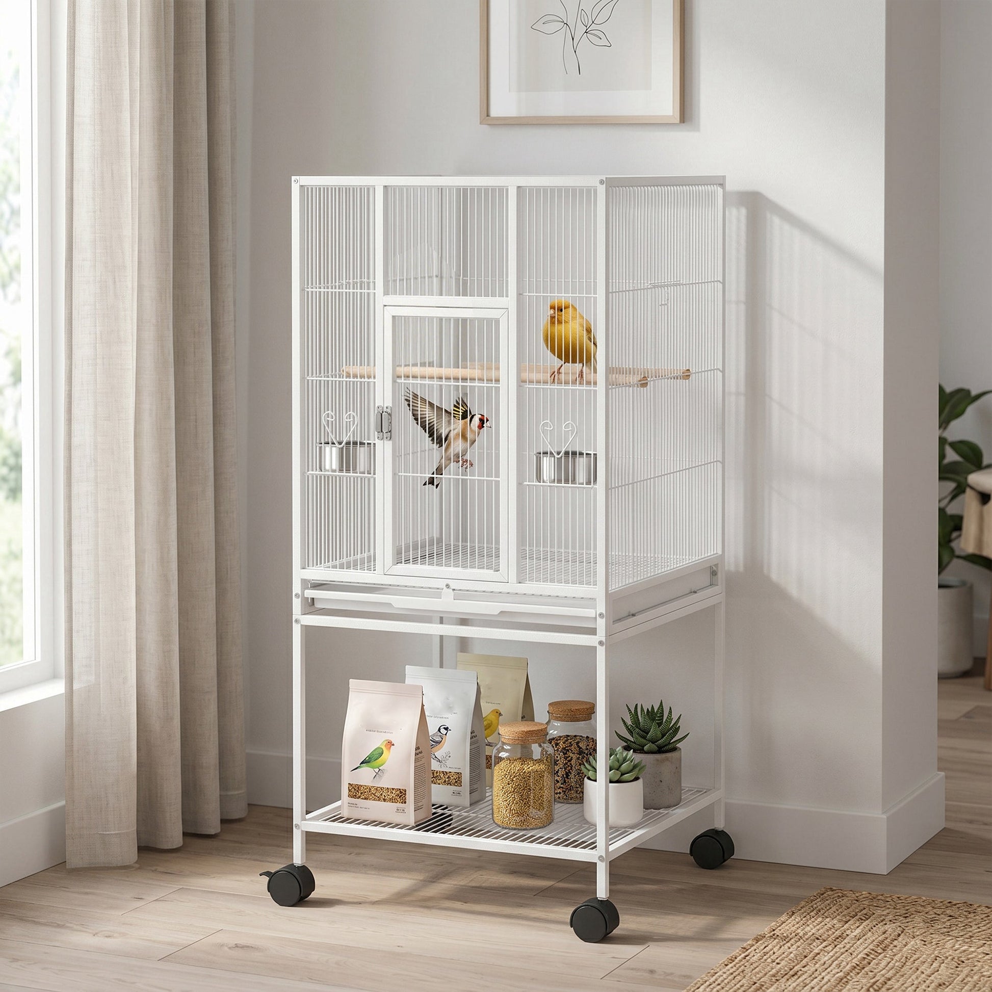 Detachable Bird Cage on Wheels, for Finches, Parakeets, Budgies, Budgie Cage, Parrot Aviary with Accessories, Storage Shelf - White
