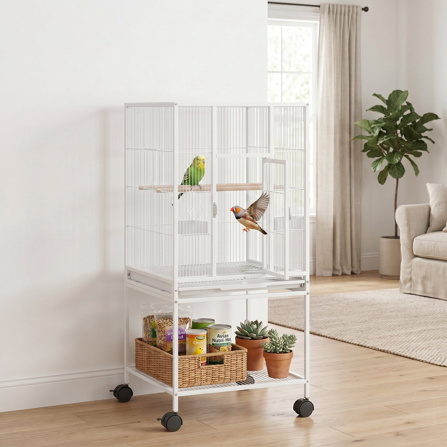 Detachable Bird Cage on Wheels, for Finches, Parakeets, Budgies, Budgie Cage, Parrot Aviary with Accessories, Storage Shelf - White