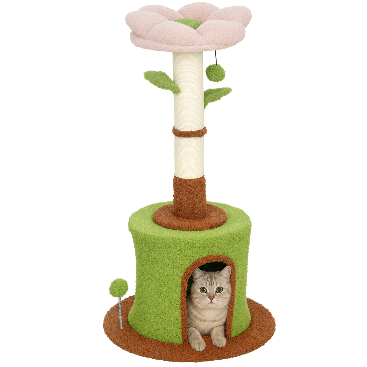 Cat Tree for Indoor Kittens, 88cm Flower Cat Tower with Condo & Bed, Scratching Post, 2 Toy Balls and 2 Crinkle Leaves, Kitty Activity Centre for Playing and Resting