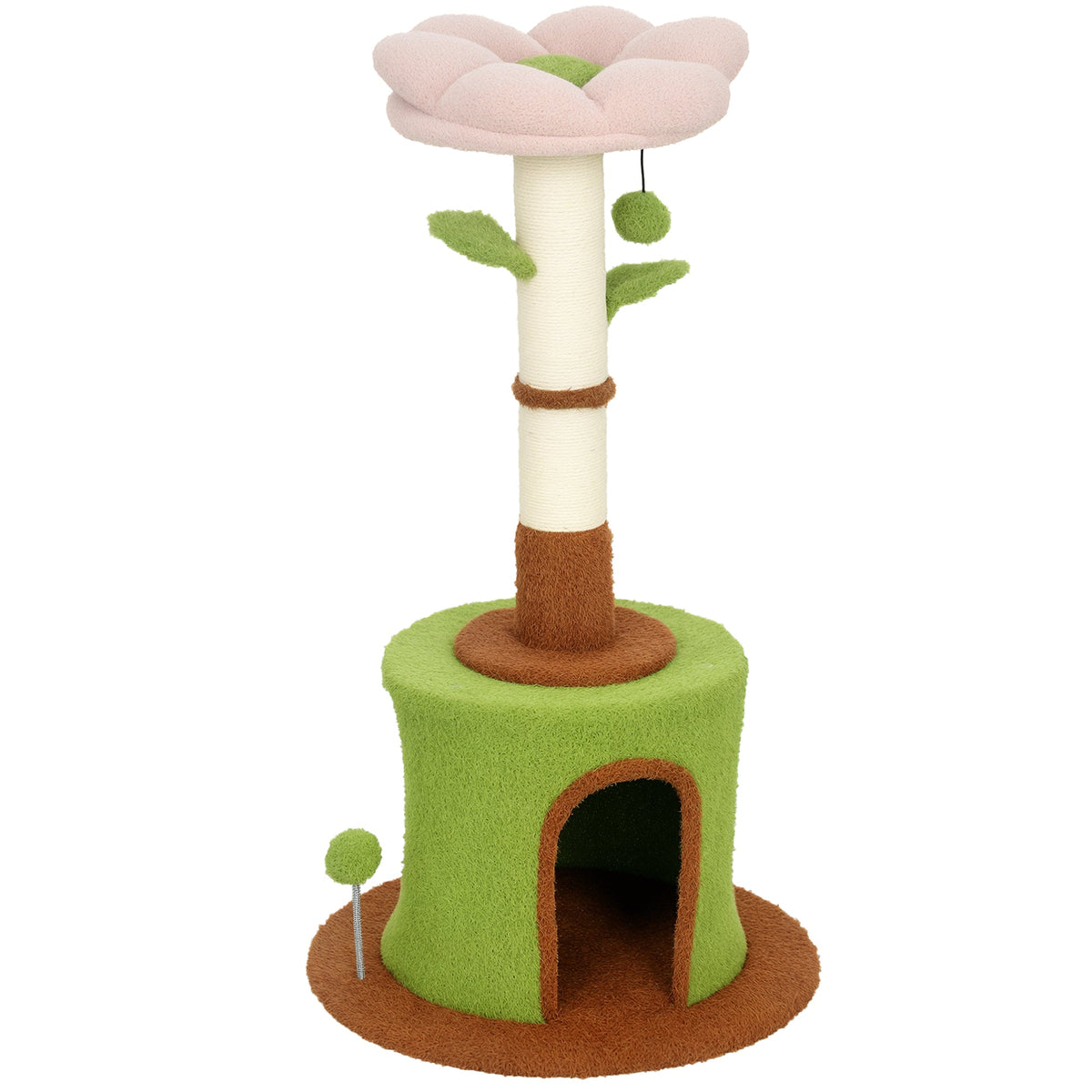 Cat Tree for Indoor Kittens, 88cm Flower Cat Tower with Condo & Bed, Scratching Post, 2 Toy Balls and 2 Crinkle Leaves, Kitty Activity Centre for Playing and Resting