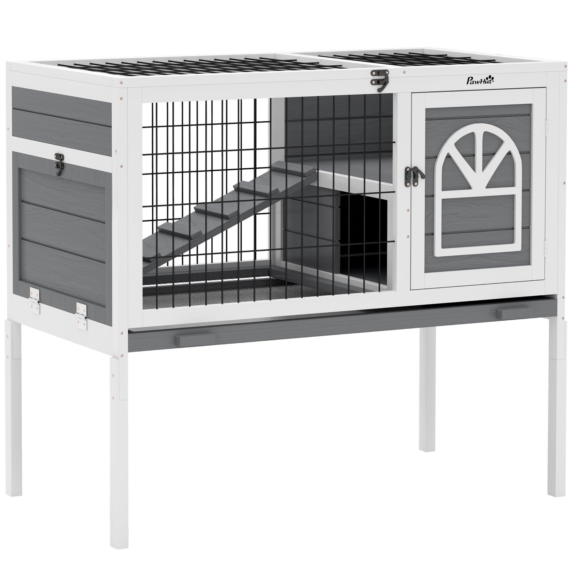 Wooden Rabbit Hutch, Elevated Guinea Pig Cage w/ Openable Roof, Ladder, Removable Tray, 90 x 53 x 87cm - Grey