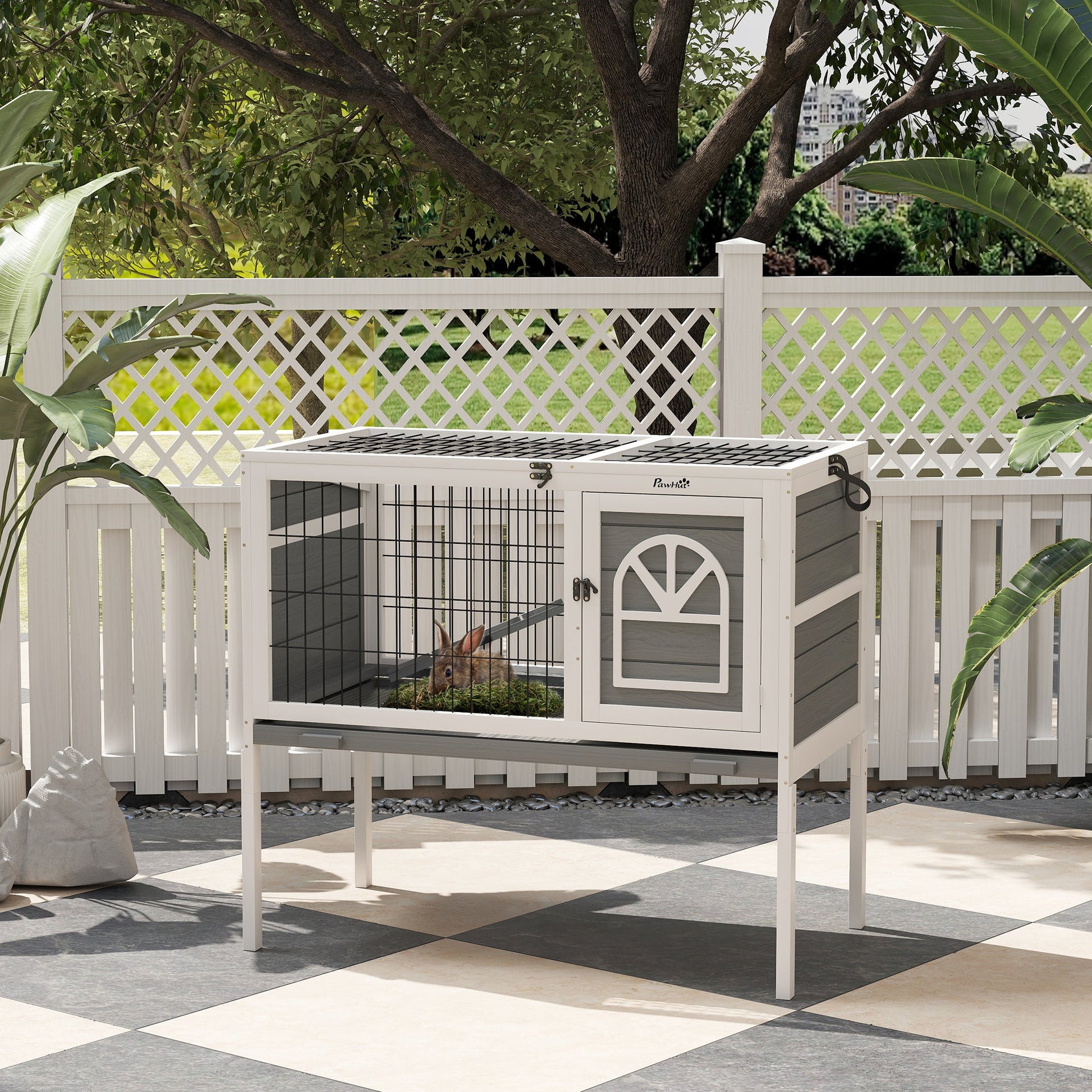 Wooden Rabbit Hutch, Elevated Guinea Pig Cage w/ Openable Roof, Ladder, Removable Tray, 90 x 53 x 87cm - Grey