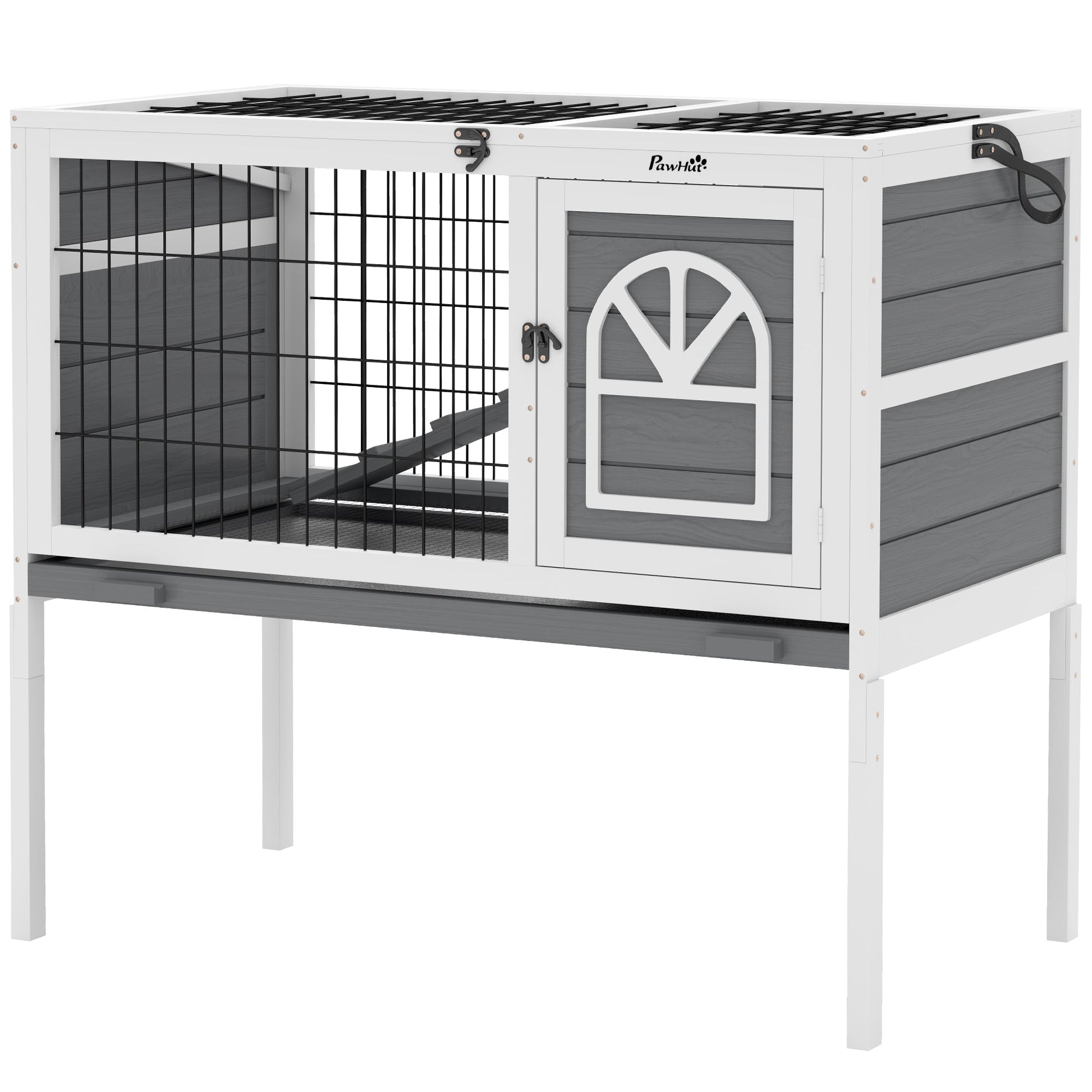 Wooden Rabbit Hutch, Elevated Guinea Pig Cage w/ Openable Roof, Ladder, Removable Tray, 90 x 53 x 87cm - Grey
