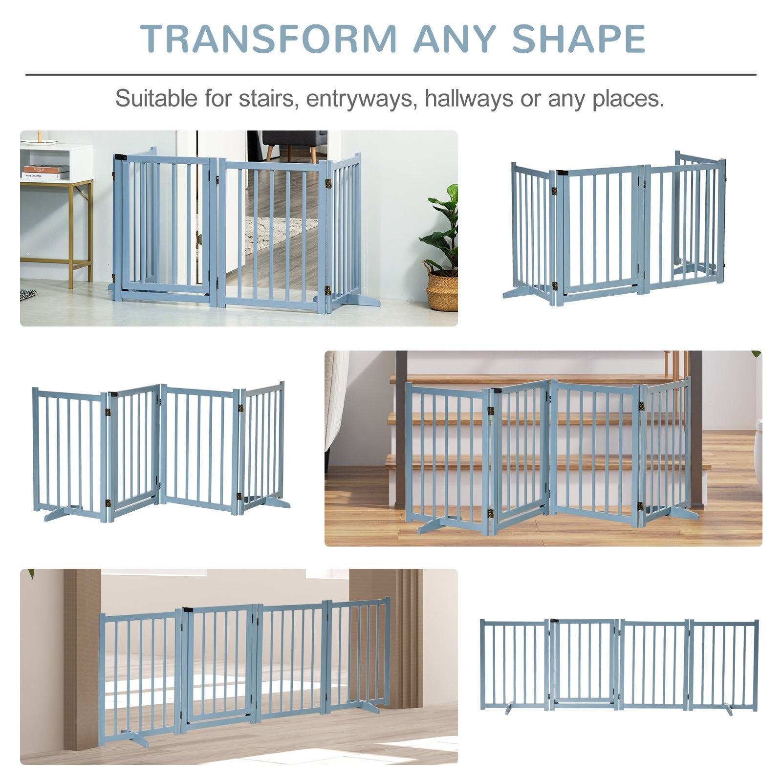 Wooden Dog Gate, Dog Fence Indoor, 80 cm Tall Freestanding Pet Gate for Small and Medium Dogs with 4 Panels, 2 Support Feet, Blue-Grey