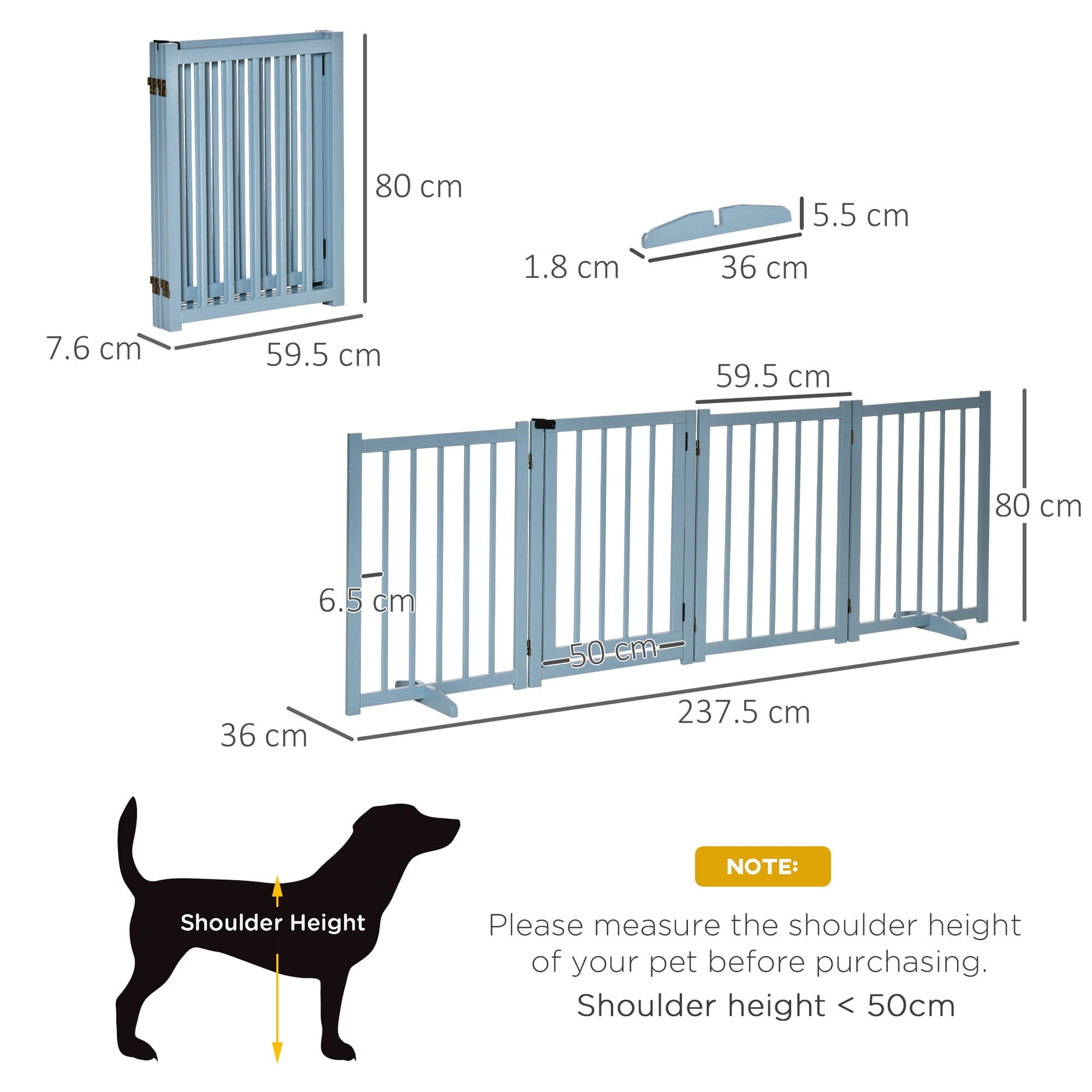 Wooden Dog Gate, Dog Fence Indoor, 80 cm Tall Freestanding Pet Gate for Small and Medium Dogs with 4 Panels, 2 Support Feet, Blue-Grey