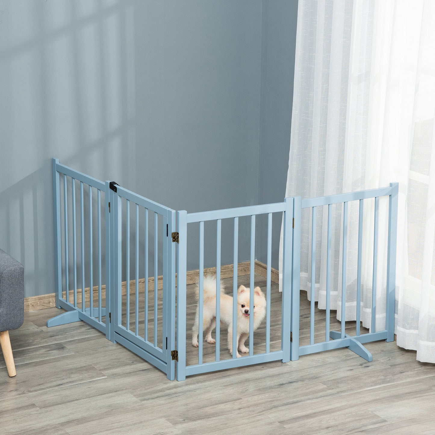 Wooden Dog Gate, Dog Fence Indoor, 80 cm Tall Freestanding Pet Gate for Small and Medium Dogs with 4 Panels, 2 Support Feet, Blue-Grey
