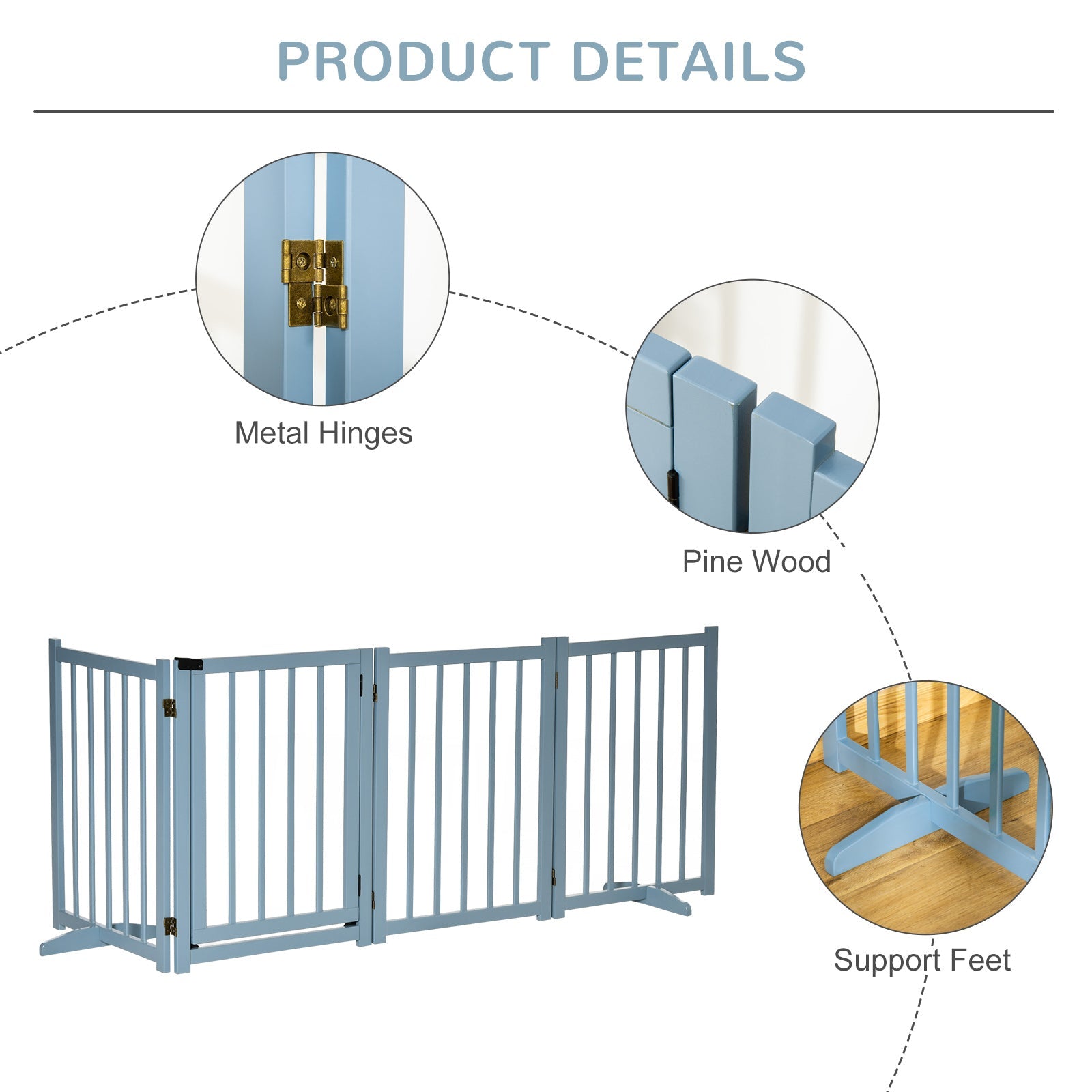Wooden Dog Gate, Dog Fence Indoor, 80 cm Tall Freestanding Pet Gate for Small and Medium Dogs with 4 Panels, 2 Support Feet, Blue-Grey