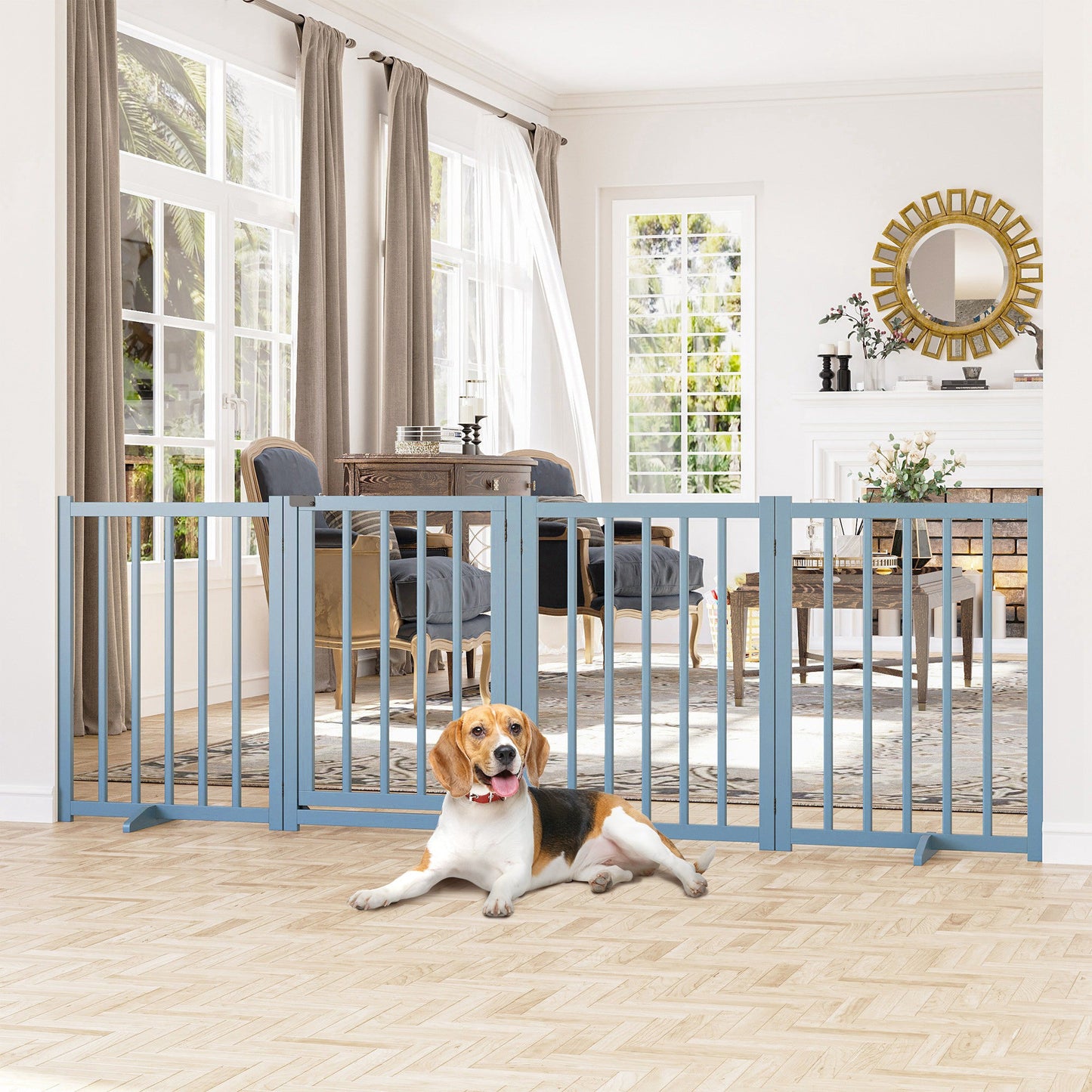 Wooden Dog Gate, Dog Fence Indoor, 80 cm Tall Freestanding Pet Gate for Small and Medium Dogs with 4 Panels, 2 Support Feet, Blue-Grey