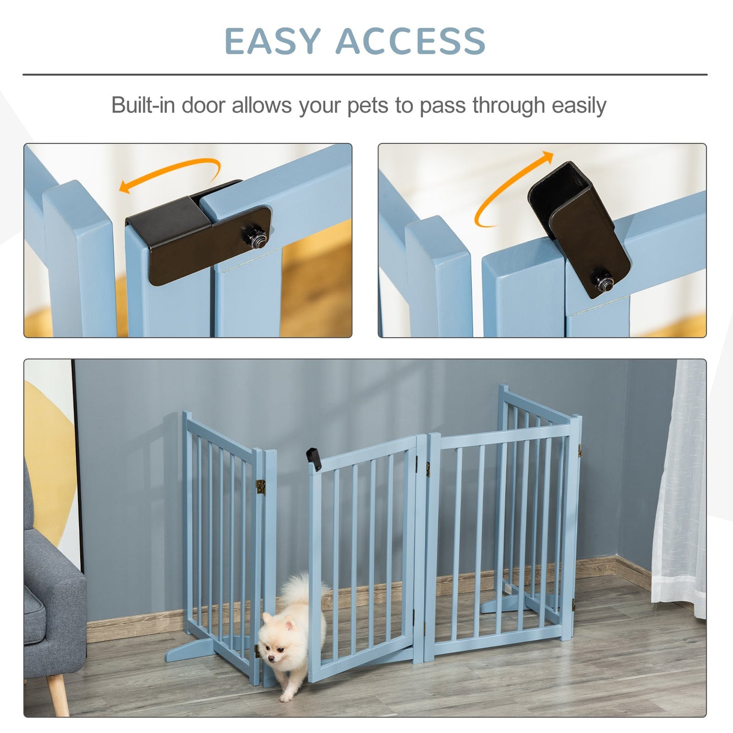 Wooden Dog Gate, Dog Fence Indoor, 80 cm Tall Freestanding Pet Gate for Small and Medium Dogs with 4 Panels, 2 Support Feet, Blue-Grey