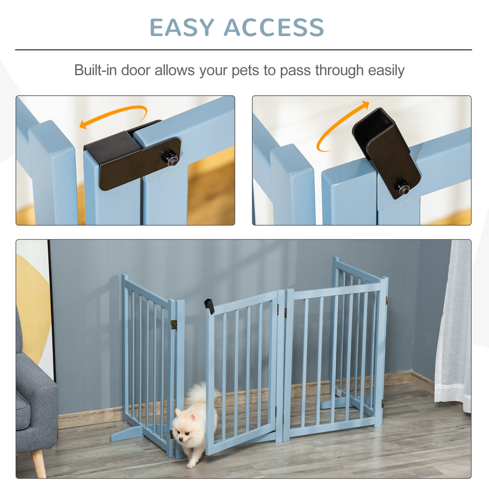 Wooden Dog Gate, Dog Fence Indoor, 80 cm Tall Freestanding Pet Gate for Small and Medium Dogs with 4 Panels, 2 Support Feet, Blue-Grey