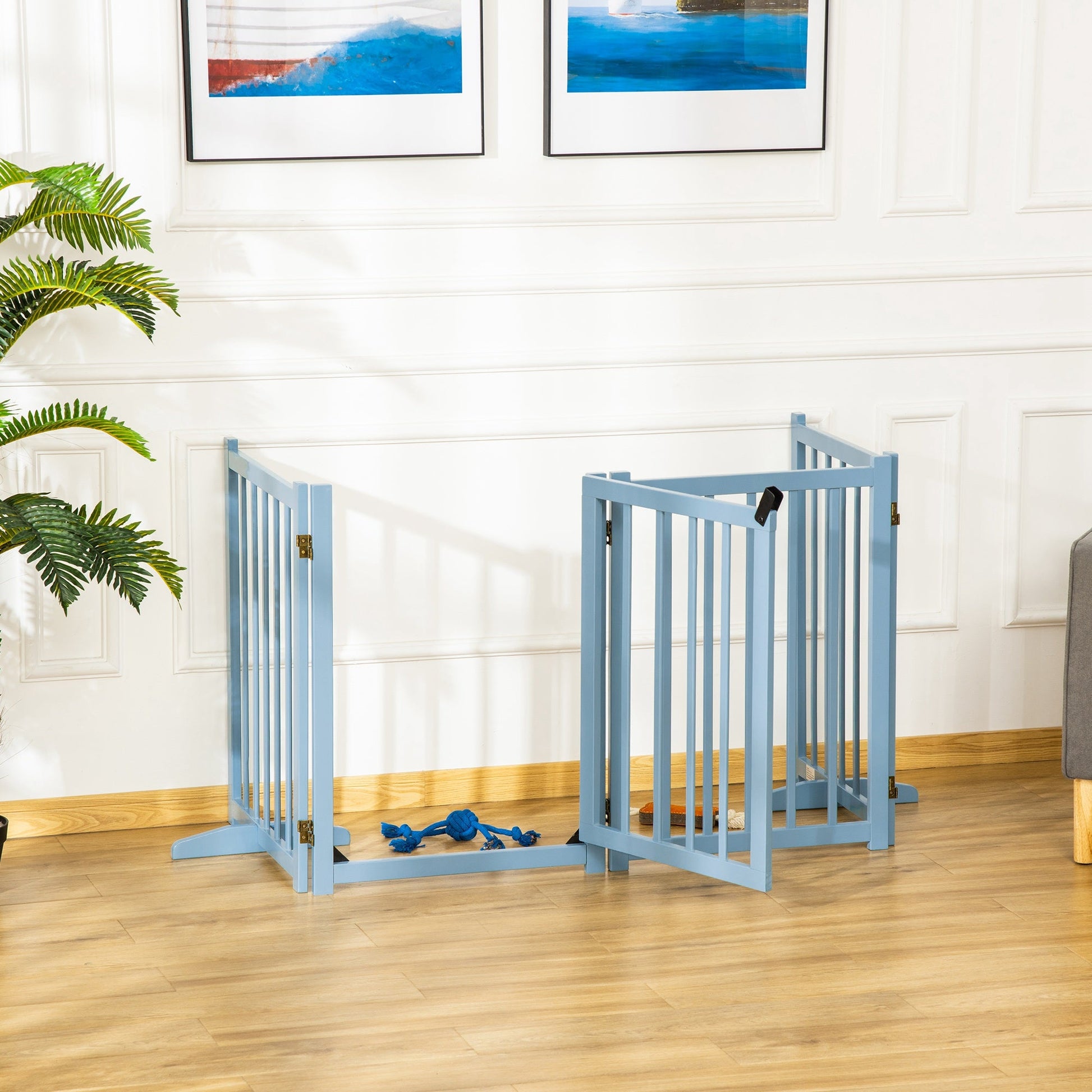 Wooden Dog Gate, Dog Fence Indoor, 80 cm Tall Freestanding Pet Gate for Small and Medium Dogs with 4 Panels, 2 Support Feet, Blue-Grey
