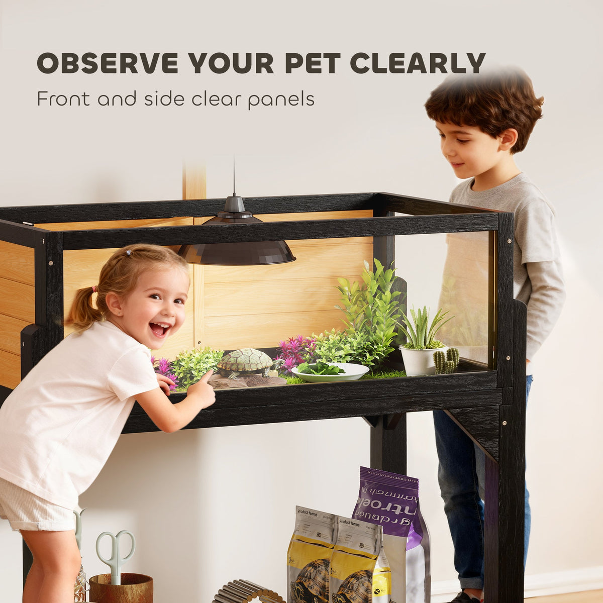 Wooden Tortoise House with Storage Shelf, Tortoise Enclosure Habitat with Clear Windows, Lamp Holder, Openable Top, Built-in Tray, for Indoor Use, Yellow