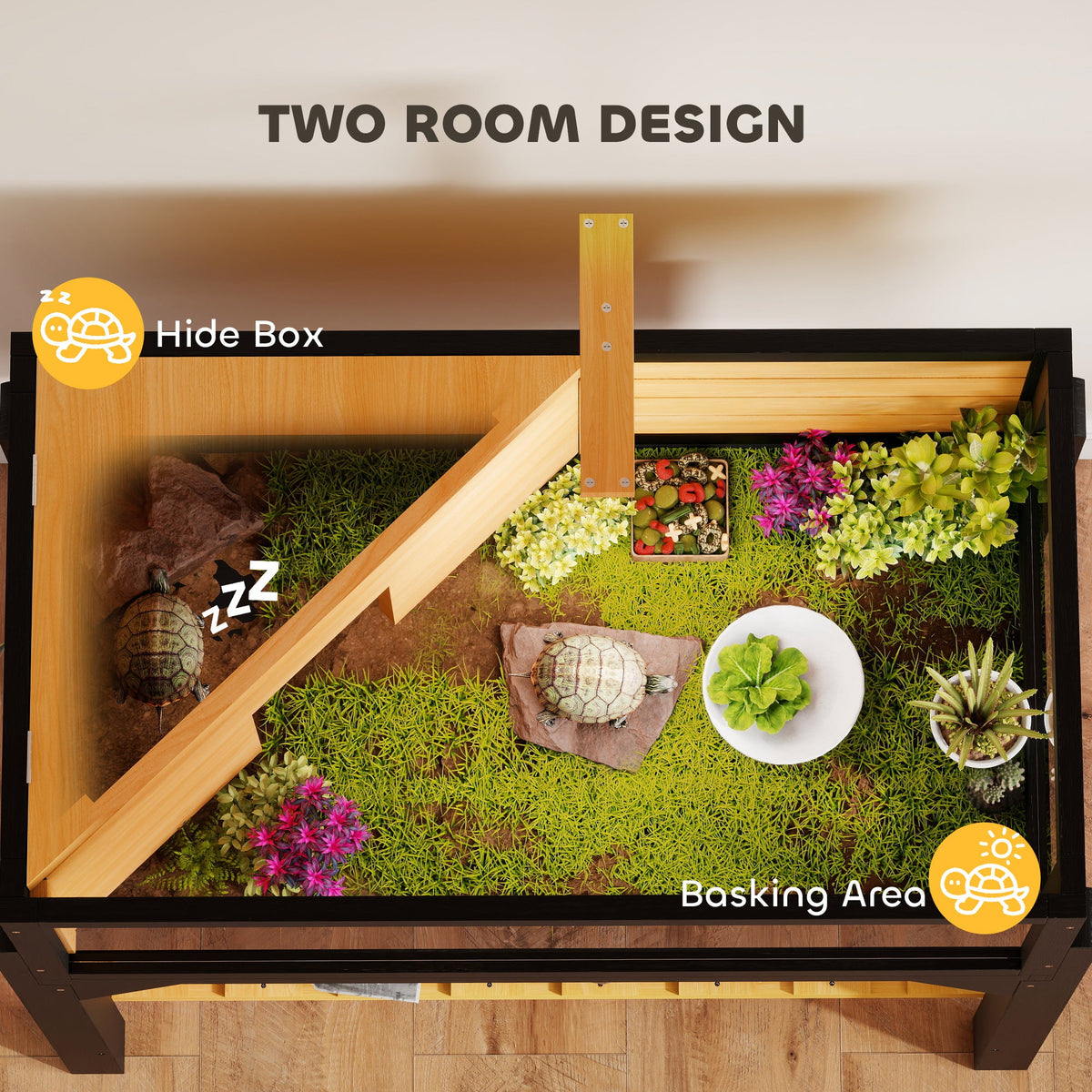 Wooden Tortoise House with Storage Shelf, Tortoise Enclosure Habitat with Clear Windows, Lamp Holder, Openable Top, Built-in Tray, for Indoor Use, Yellow