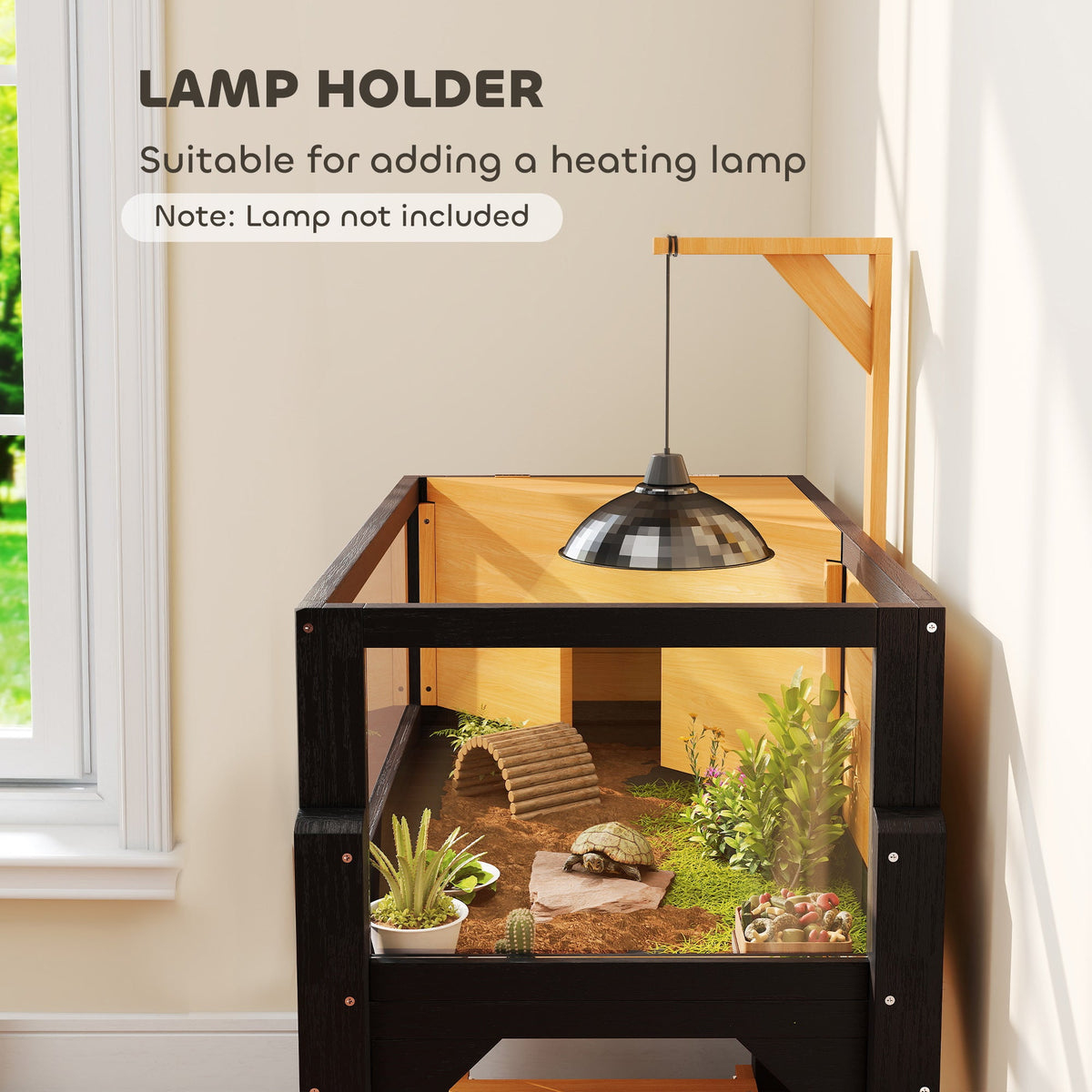 Wooden Tortoise House with Storage Shelf, Tortoise Enclosure Habitat with Clear Windows, Lamp Holder, Openable Top, Built-in Tray, for Indoor Use, Yellow
