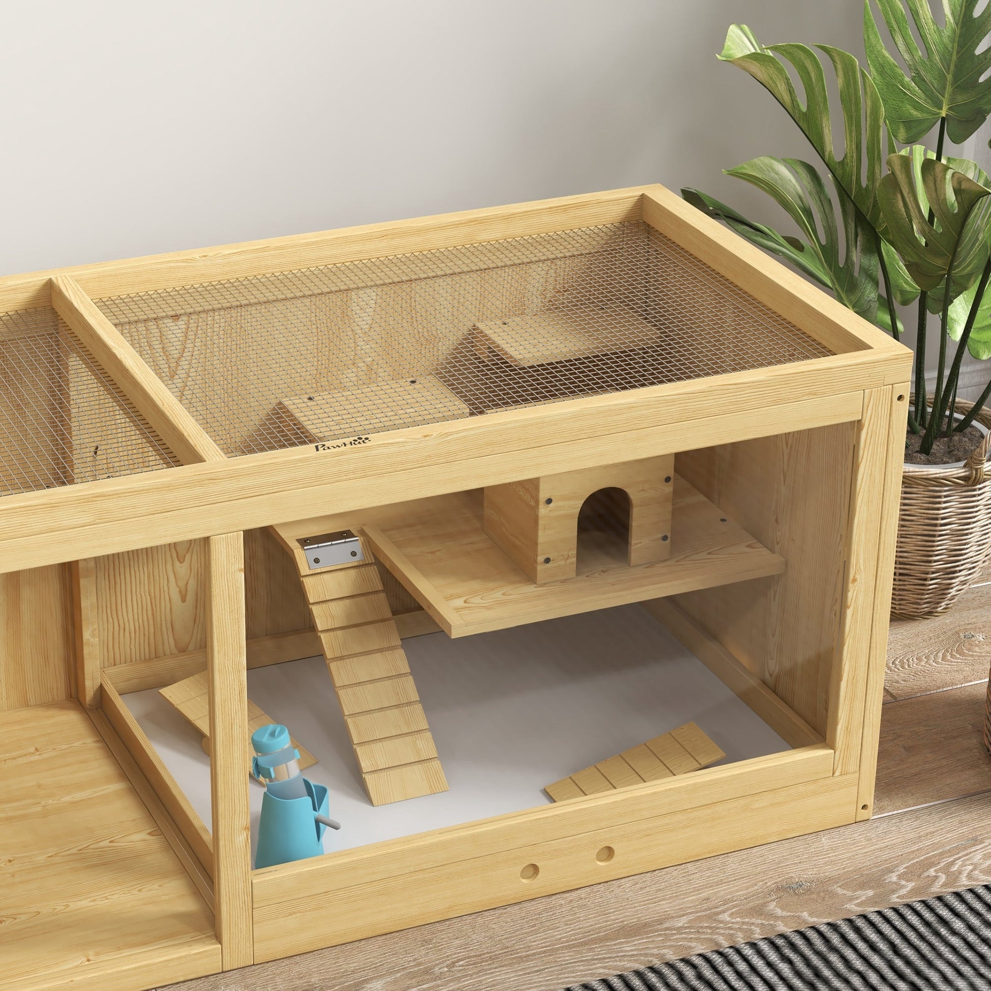Wooden Hamster Cage with Water Bottle, Small Animal Exercise Play House with Platforms, Openable Roof, Sliding Tray, Hut, Seesaws, Natural Wood Finish