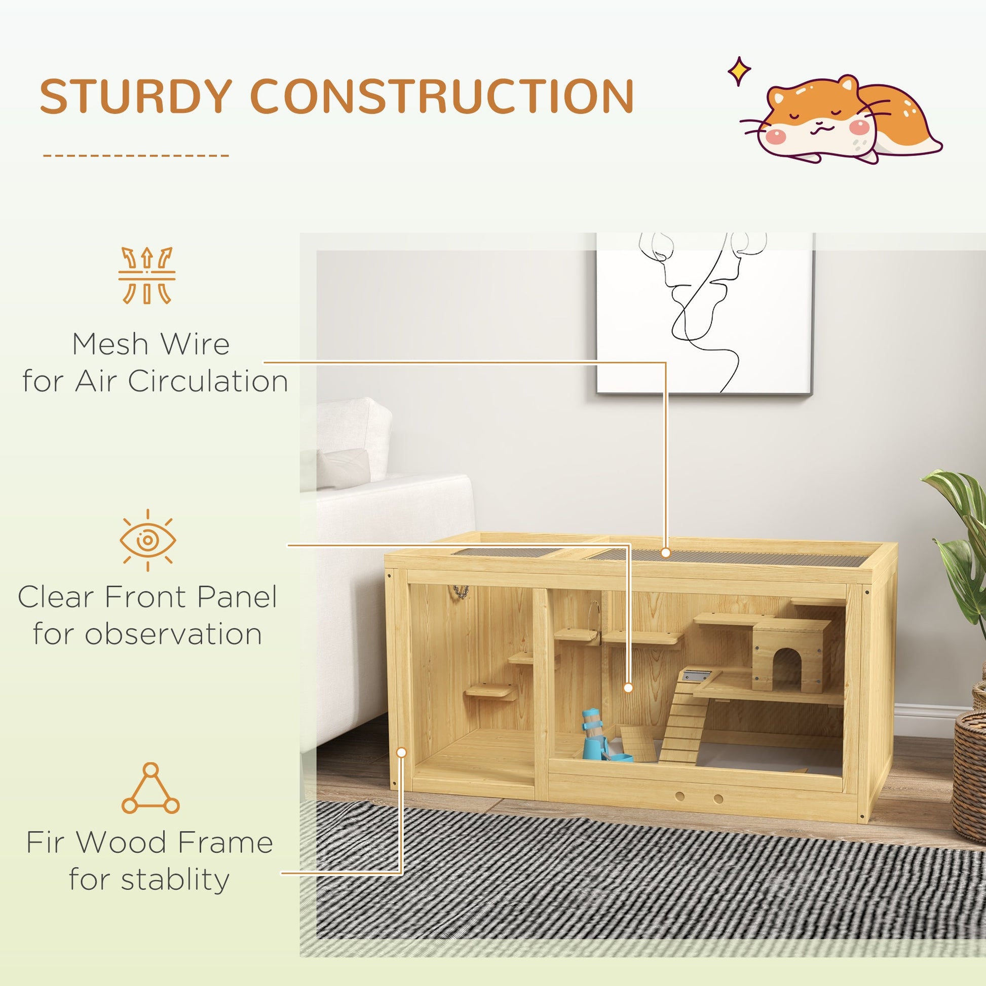 Wooden Hamster Cage with Water Bottle, Small Animal Exercise Play House with Platforms, Openable Roof, Sliding Tray, Hut, Seesaws, Natural Wood Finish