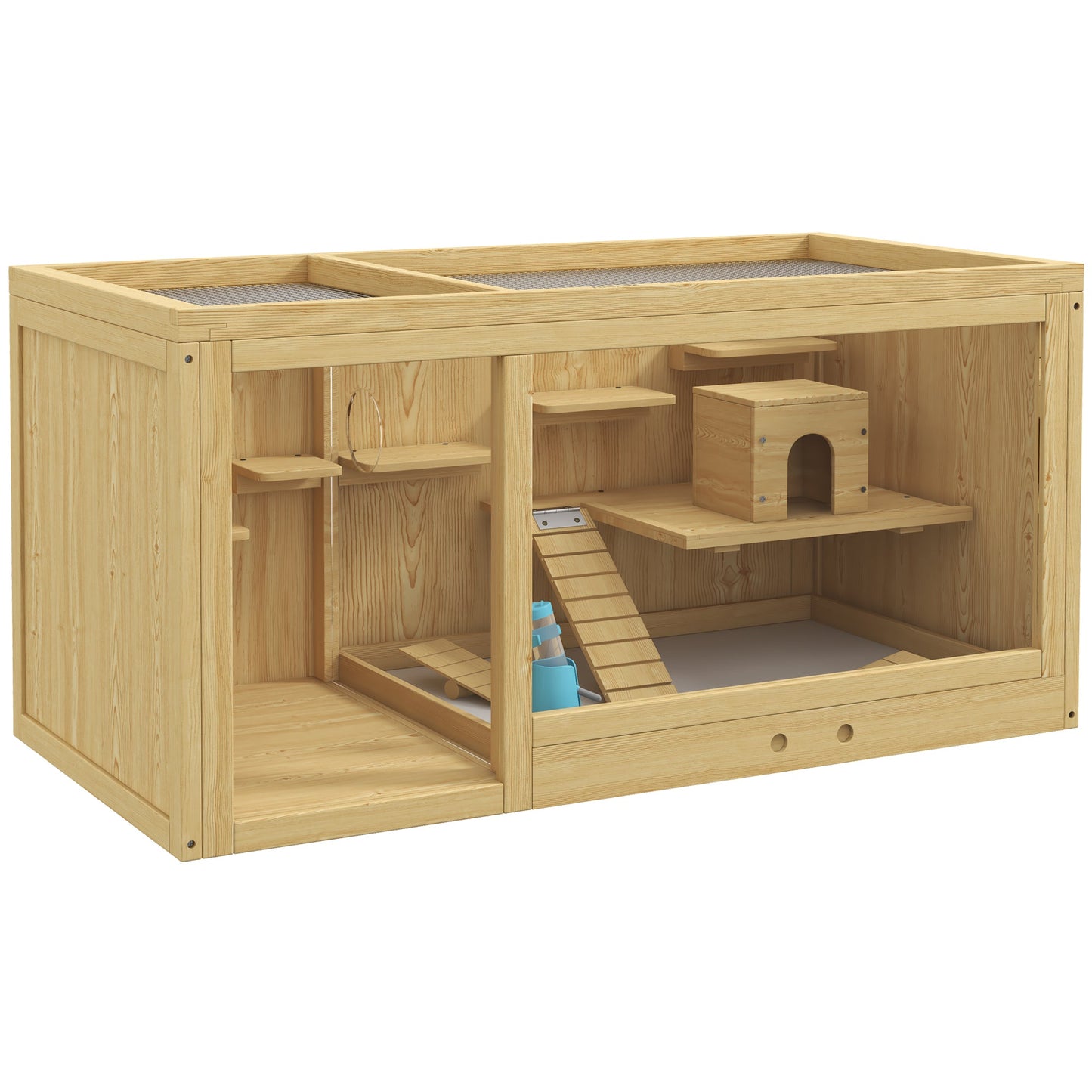 Wooden Hamster Cage with Water Bottle, Small Animal Exercise Play House with Platforms, Openable Roof, Sliding Tray, Hut, Seesaws, Natural Wood Finish