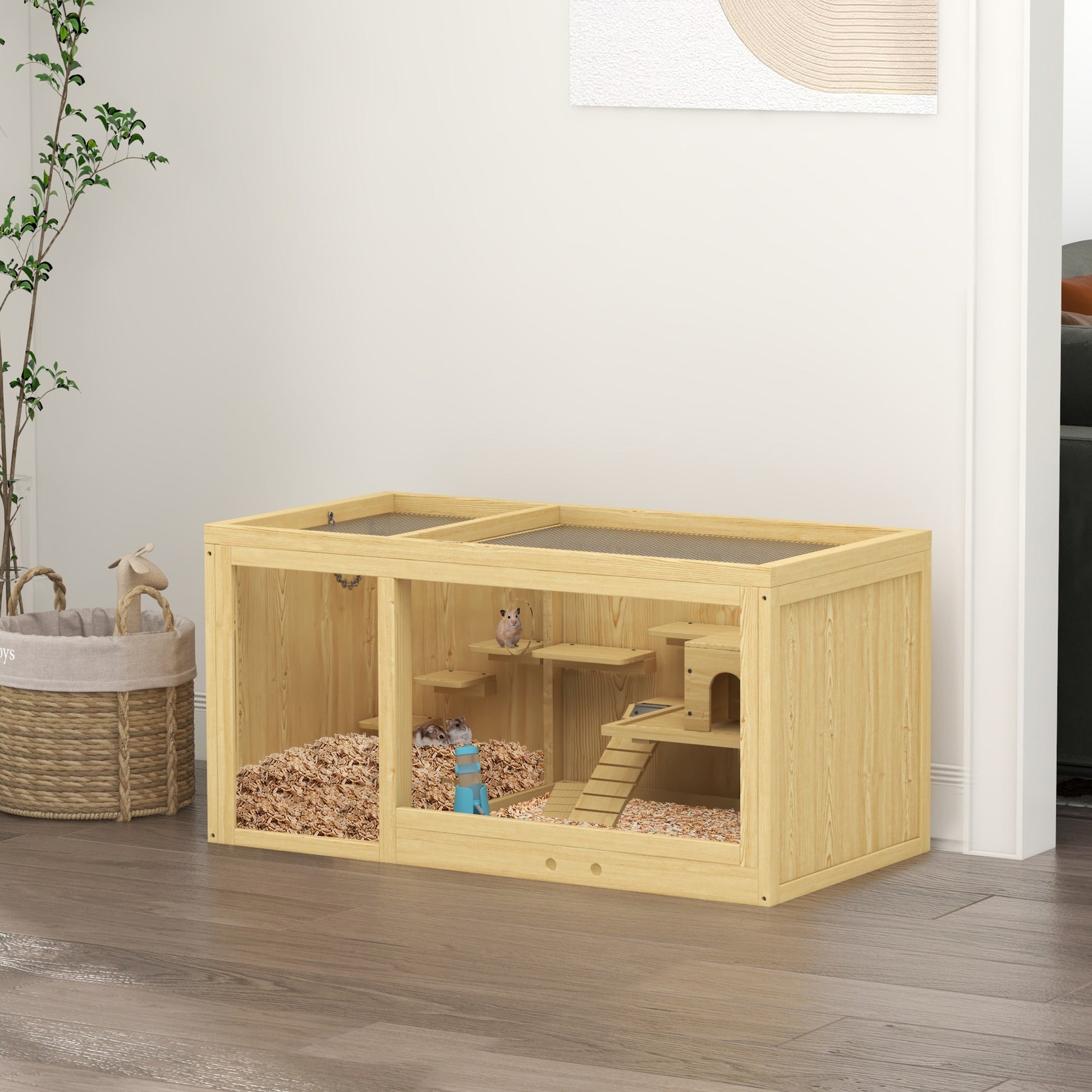 Wooden Hamster Cage with Water Bottle, Small Animal Exercise Play House with Platforms, Openable Roof, Sliding Tray, Hut, Seesaws, Natural Wood Finish