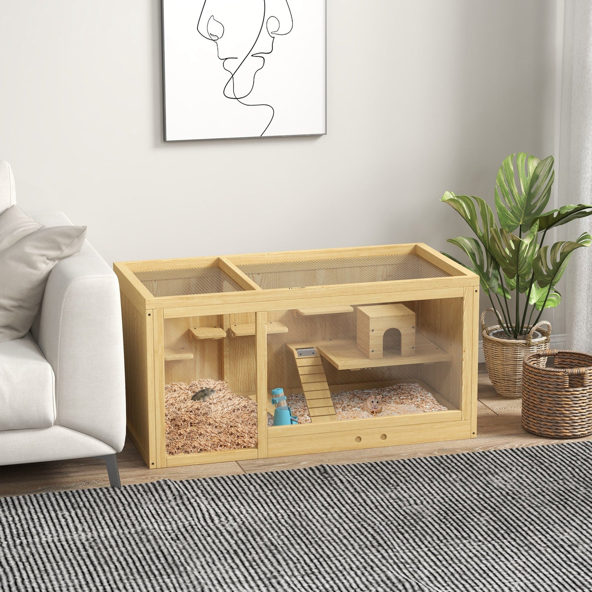 Wooden Hamster Cage with Water Bottle, Small Animal Exercise Play House with Platforms, Openable Roof, Sliding Tray, Hut, Seesaws, Natural Wood Finish