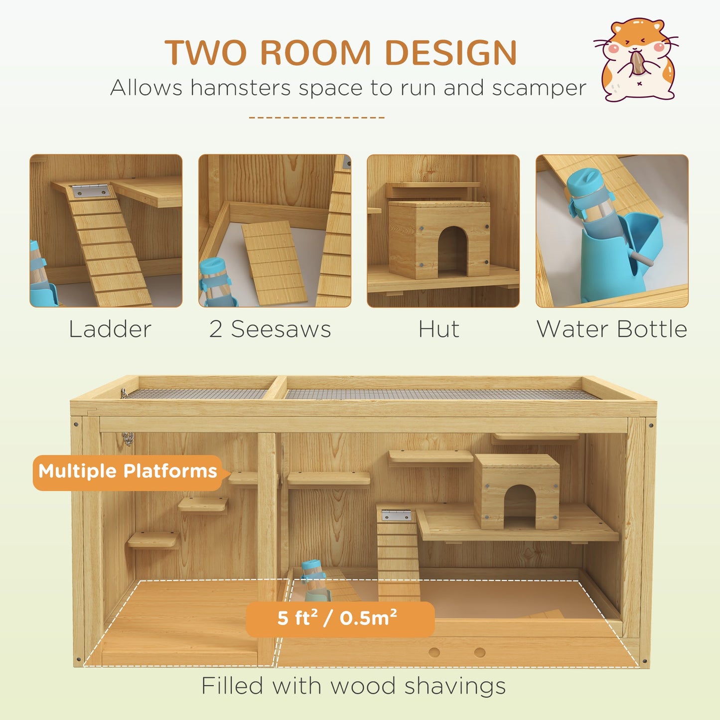 Wooden Hamster Cage with Water Bottle, Small Animal Exercise Play House with Platforms, Openable Roof, Sliding Tray, Hut, Seesaws, Natural Wood Finish