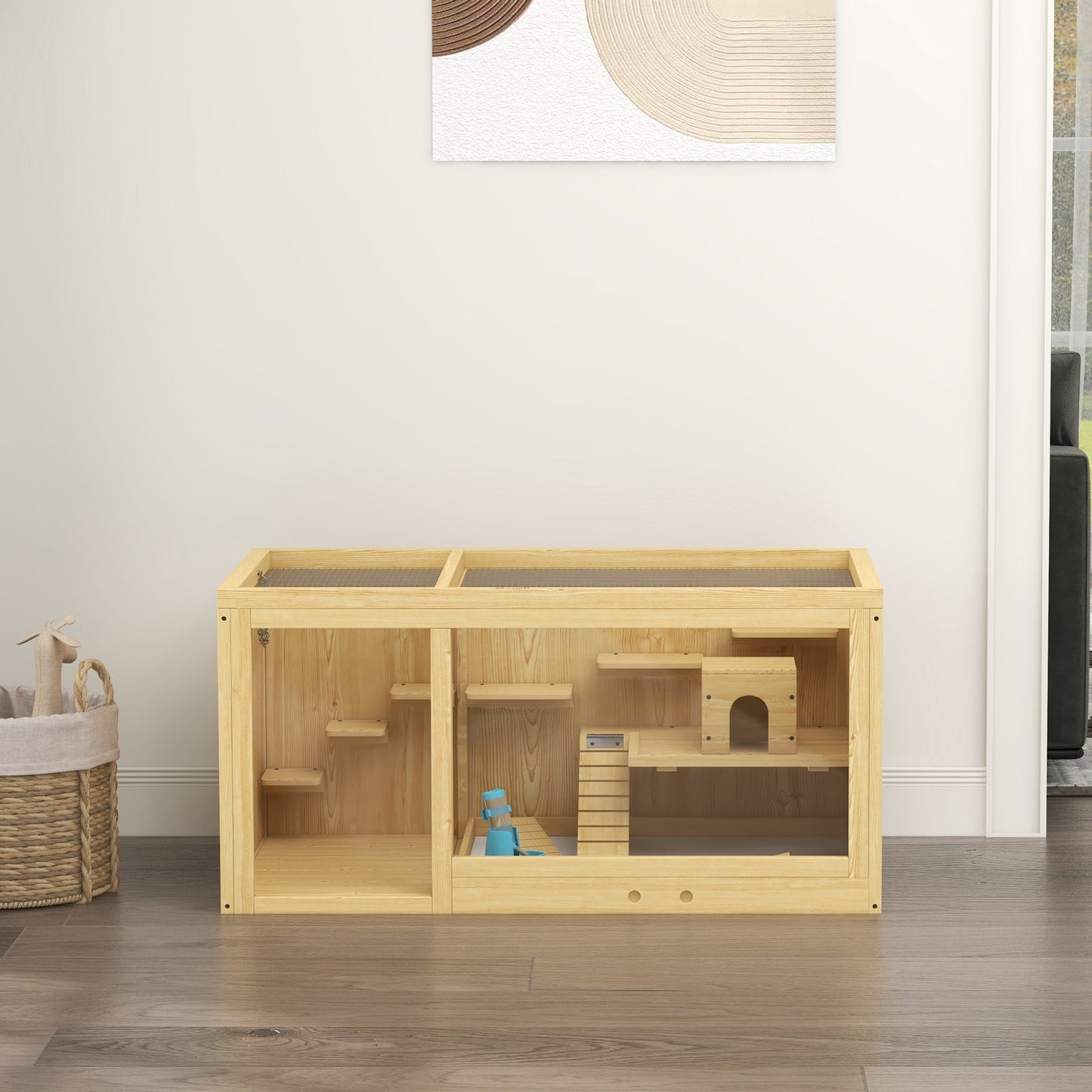Wooden Hamster Cage with Water Bottle, Small Animal Exercise Play House with Platforms, Openable Roof, Sliding Tray, Hut, Seesaws, Natural Wood Finish