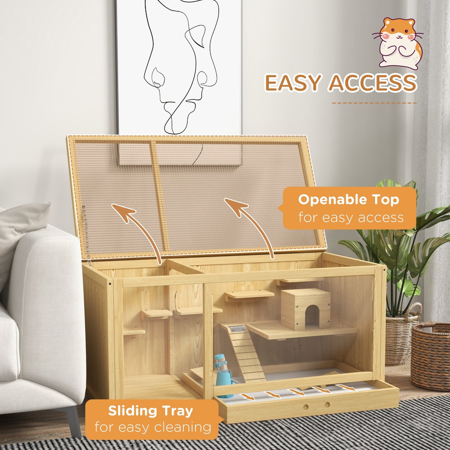 Wooden Hamster Cage with Water Bottle, Small Animal Exercise Play House with Platforms, Openable Roof, Sliding Tray, Hut, Seesaws, Natural Wood Finish
