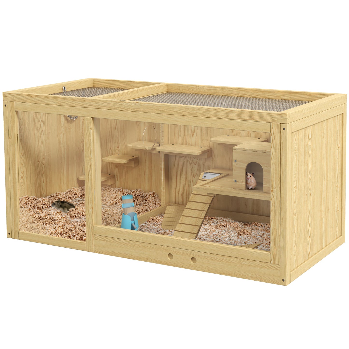Wooden Hamster Cage with Water Bottle, Small Animal Exercise Play House with Platforms, Openable Roof, Sliding Tray, Hut, Seesaws, Natural Wood Finish