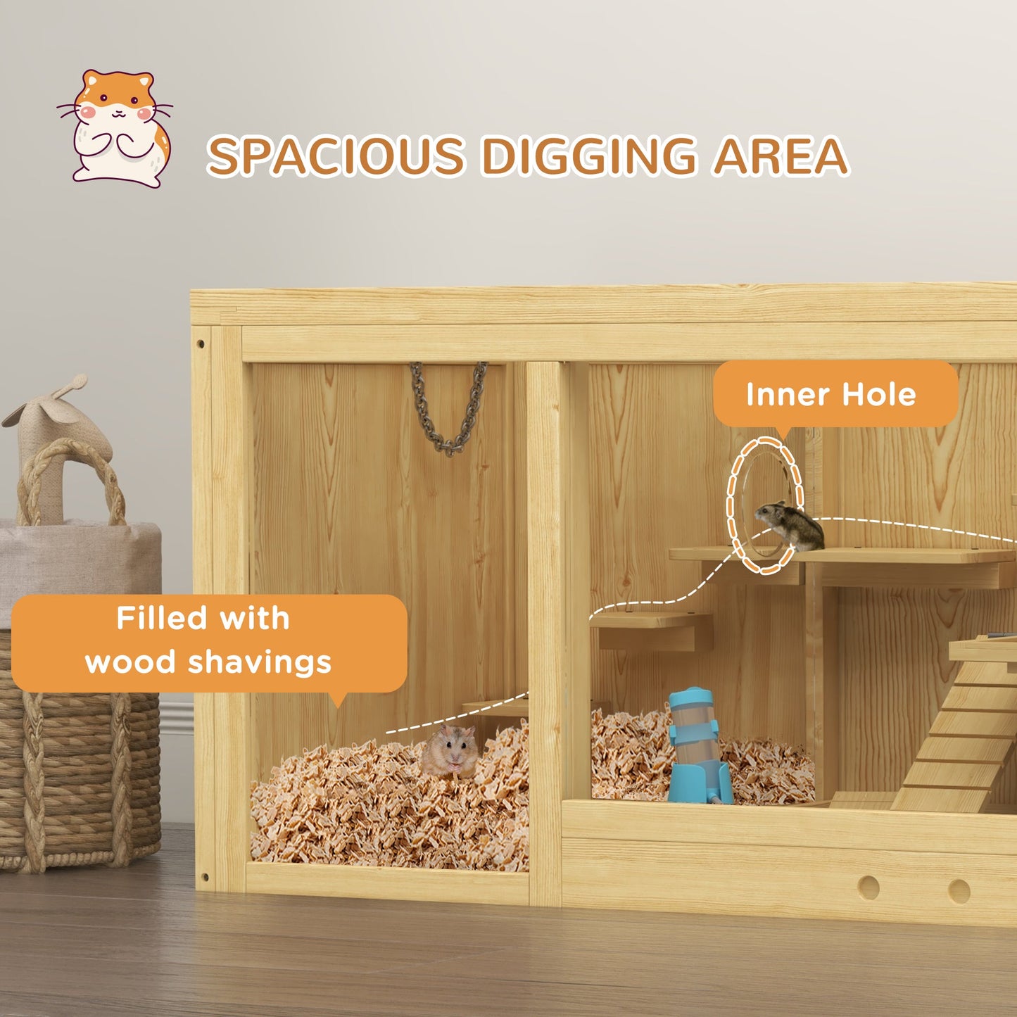Wooden Hamster Cage with Water Bottle, Small Animal Exercise Play House with Platforms, Openable Roof, Sliding Tray, Hut, Seesaws, Natural Wood Finish