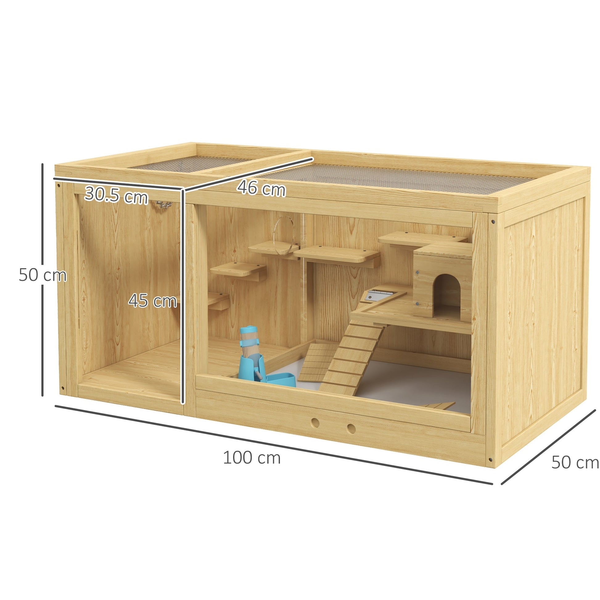Wooden Hamster Cage with Water Bottle, Small Animal Exercise Play House with Platforms, Openable Roof, Sliding Tray, Hut, Seesaws, Natural Wood Finish