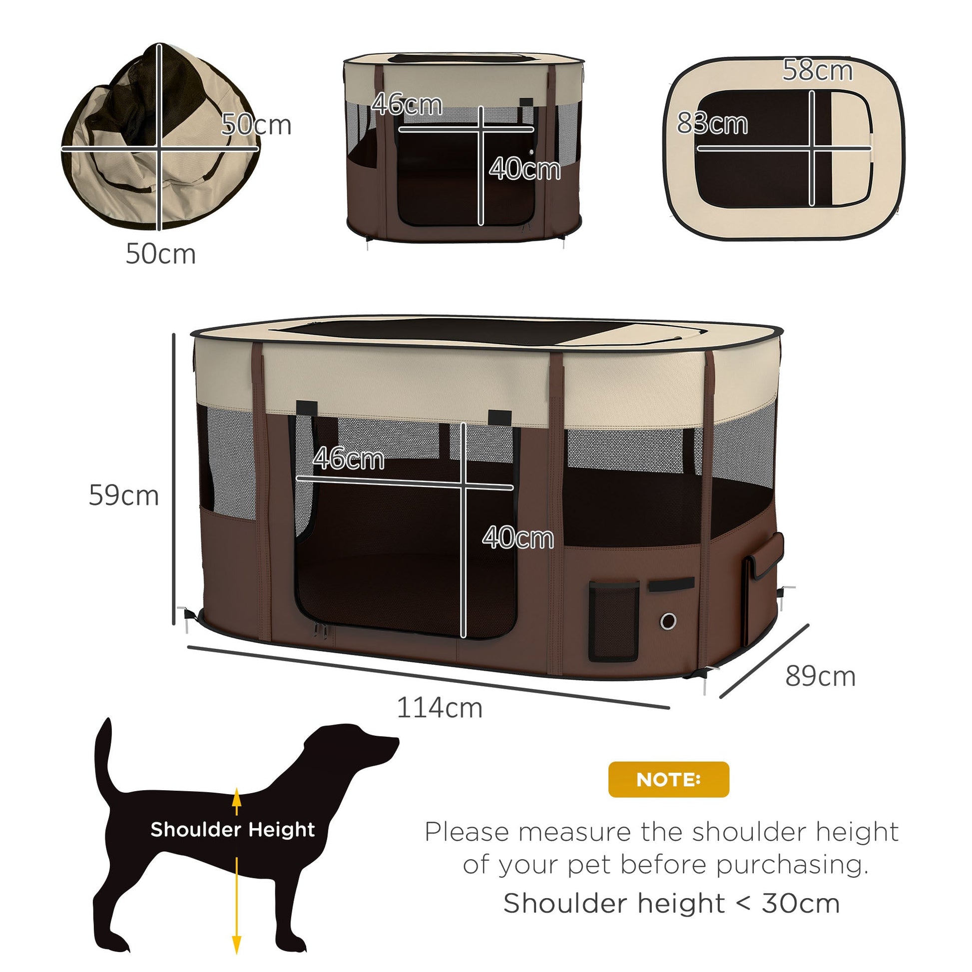 Dog Pen, Pet Playpen, Portable Foldable Dog Cat Playpen Soft Pet Cage with Storage Bag for Puppies, Rabbits, Kittens, Guinea Pigs, 114 x 89 x 59cm - Brown