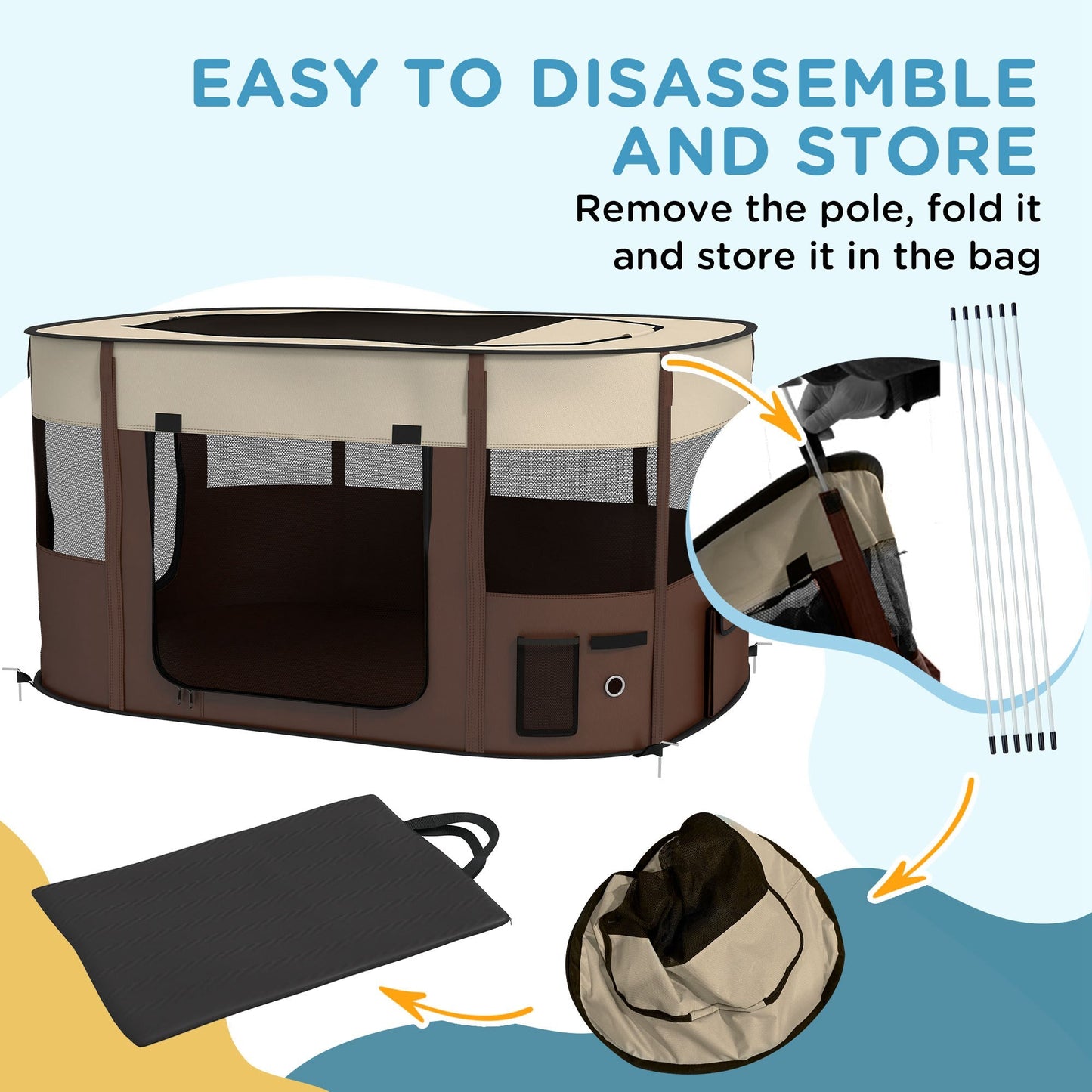 Dog Pen, Pet Playpen, Portable Foldable Dog Cat Playpen Soft Pet Cage with Storage Bag for Puppies, Rabbits, Kittens, Guinea Pigs, 114 x 89 x 59cm - Brown