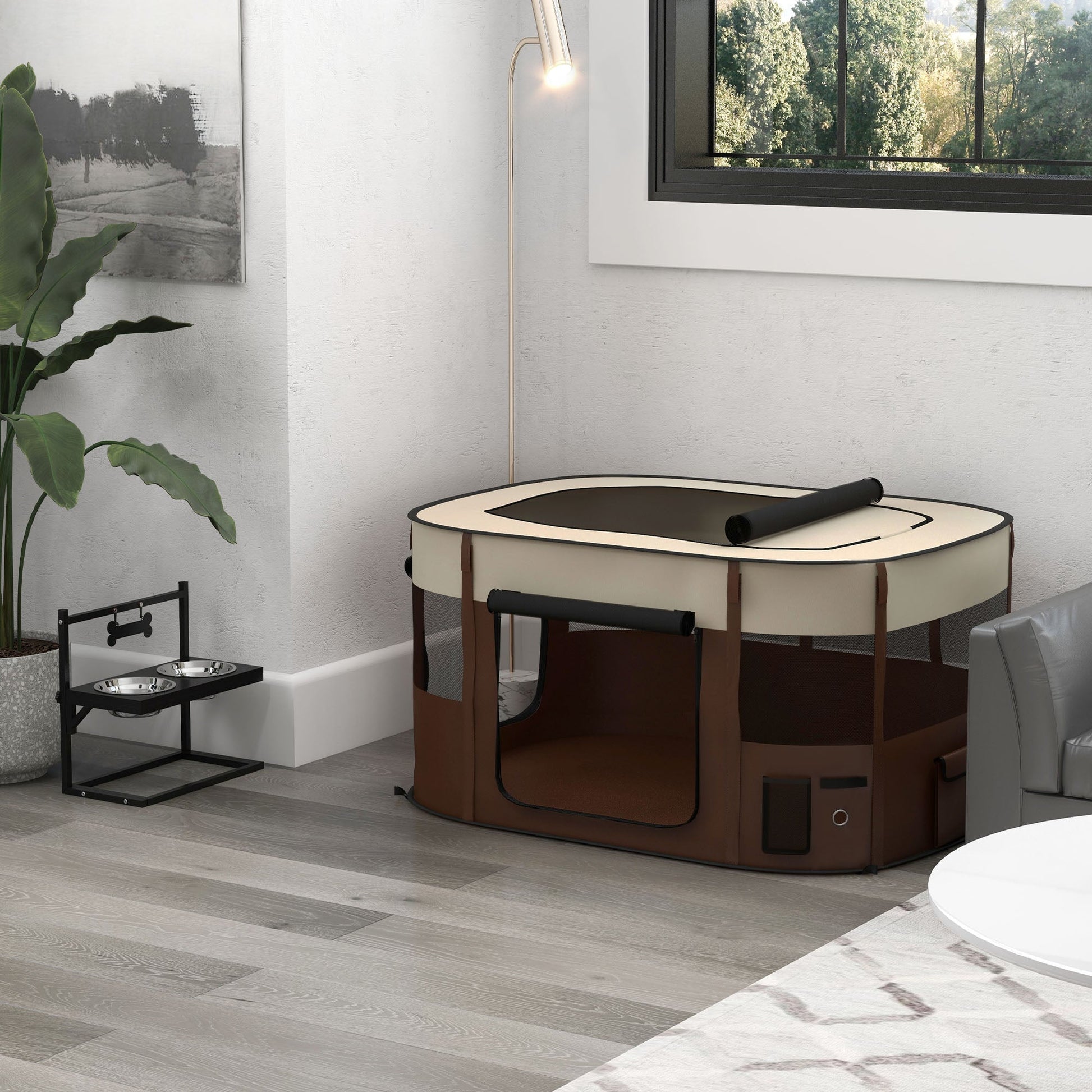 Dog Pen, Pet Playpen, Portable Foldable Dog Cat Playpen Soft Pet Cage with Storage Bag for Puppies, Rabbits, Kittens, Guinea Pigs, 114 x 89 x 59cm - Brown