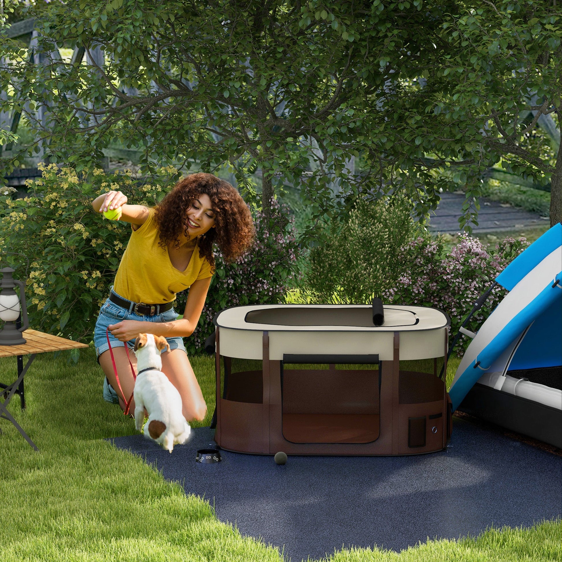 Dog Pen, Pet Playpen, Portable Foldable Dog Cat Playpen Soft Pet Cage with Storage Bag for Puppies, Rabbits, Kittens, Guinea Pigs, 114 x 89 x 59cm - Brown