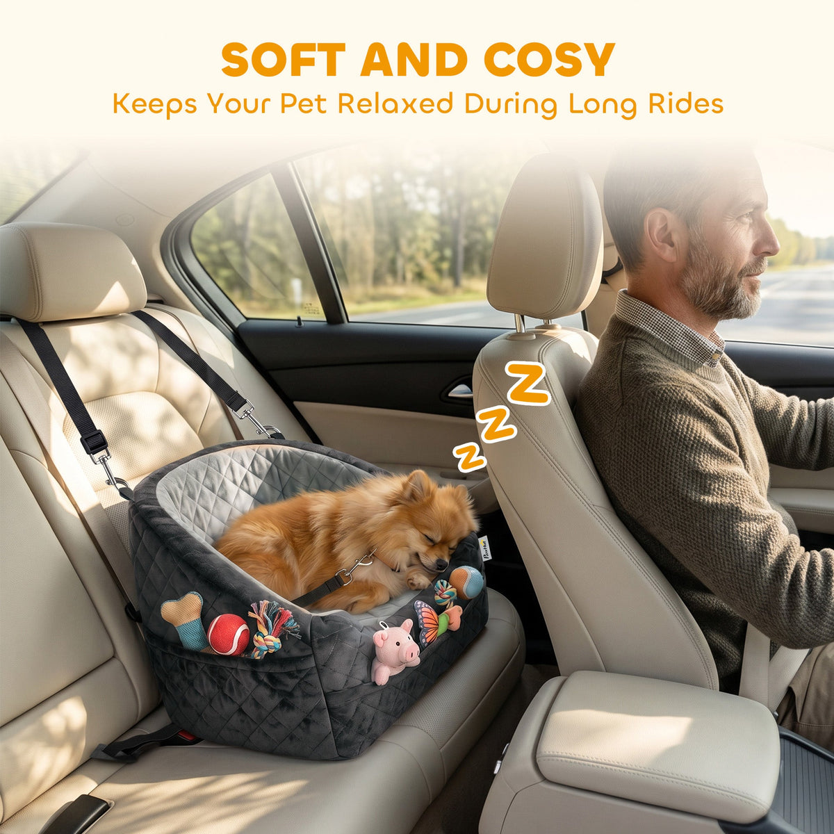 Dog Car Seat for Small Breeds Under 10kg, Dog Booster Seat Detachable Washable with Seat Belt, Thick Cushion, Portable Pet Travel Bed with Storage Pockets, Grey