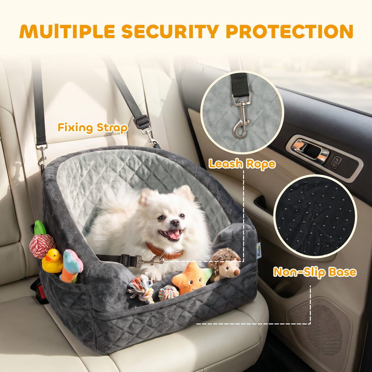 Dog Car Seat for Small Breeds Under 10kg, Dog Booster Seat Detachable Washable with Seat Belt, Thick Cushion, Portable Pet Travel Bed with Storage Pockets, Grey