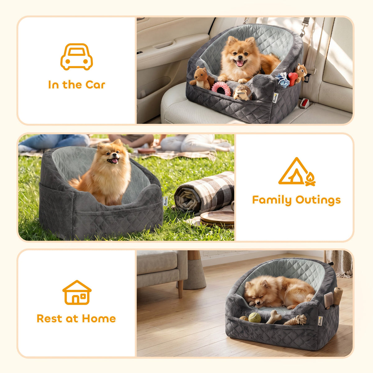 Dog Car Seat for Small Breeds Under 10kg, Dog Booster Seat Detachable Washable with Seat Belt, Thick Cushion, Portable Pet Travel Bed with Storage Pockets, Grey