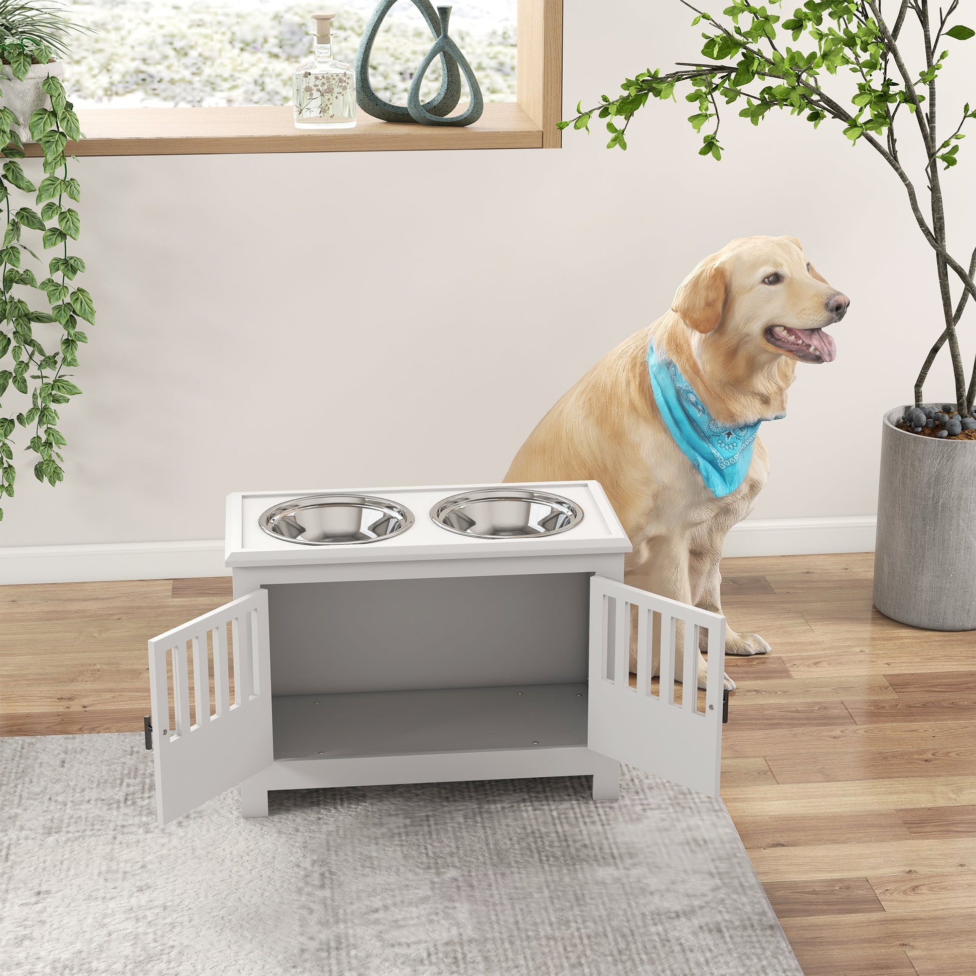Raised Dog Bowls for Large Dogs, Pet Feeding Station, Doors with Latch, Storage Cabinet, Two Stainless Steel Bowls - White
