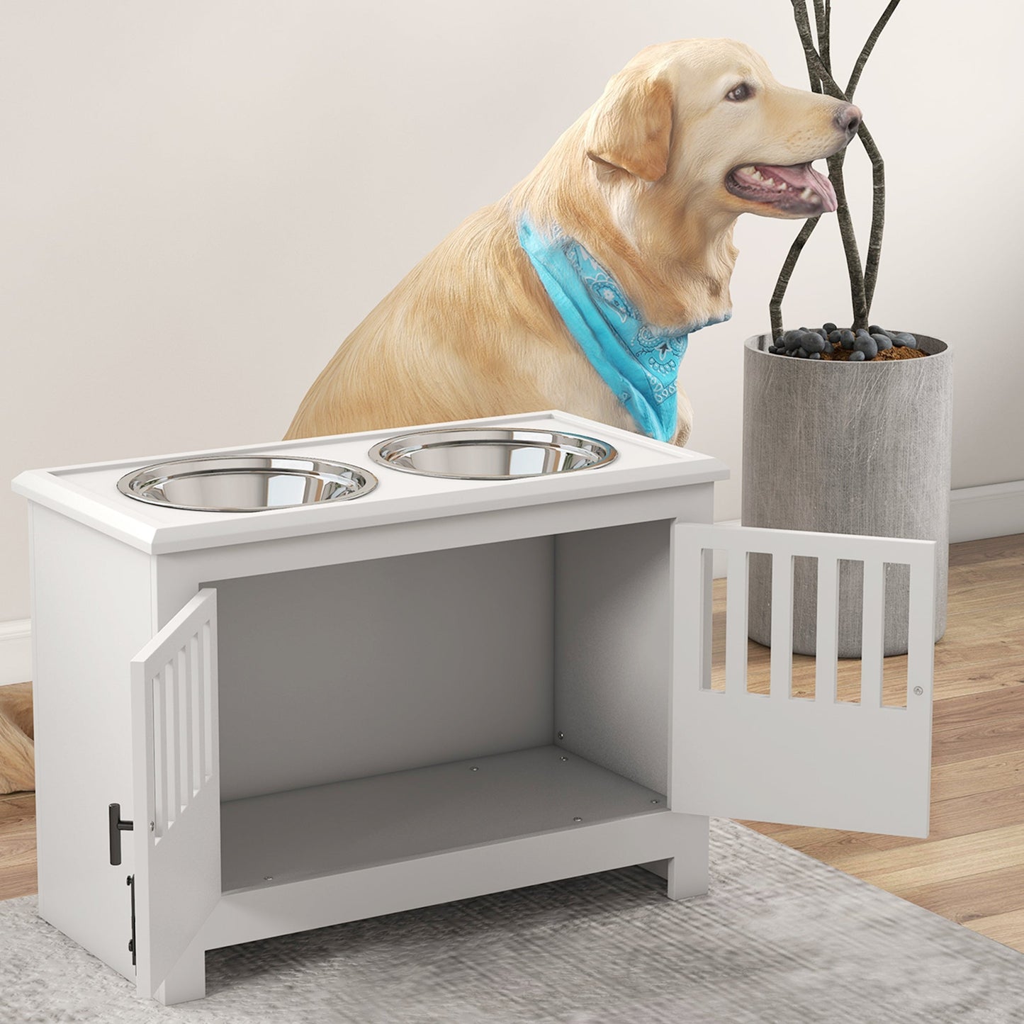 Raised Dog Bowls for Large Dogs, Pet Feeding Station, Doors with Latch, Storage Cabinet, Two Stainless Steel Bowls - White