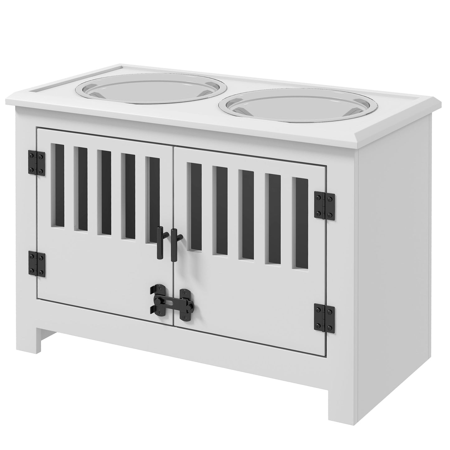 Raised Dog Bowls for Large Dogs, Pet Feeding Station, Doors with Latch, Storage Cabinet, Two Stainless Steel Bowls - White