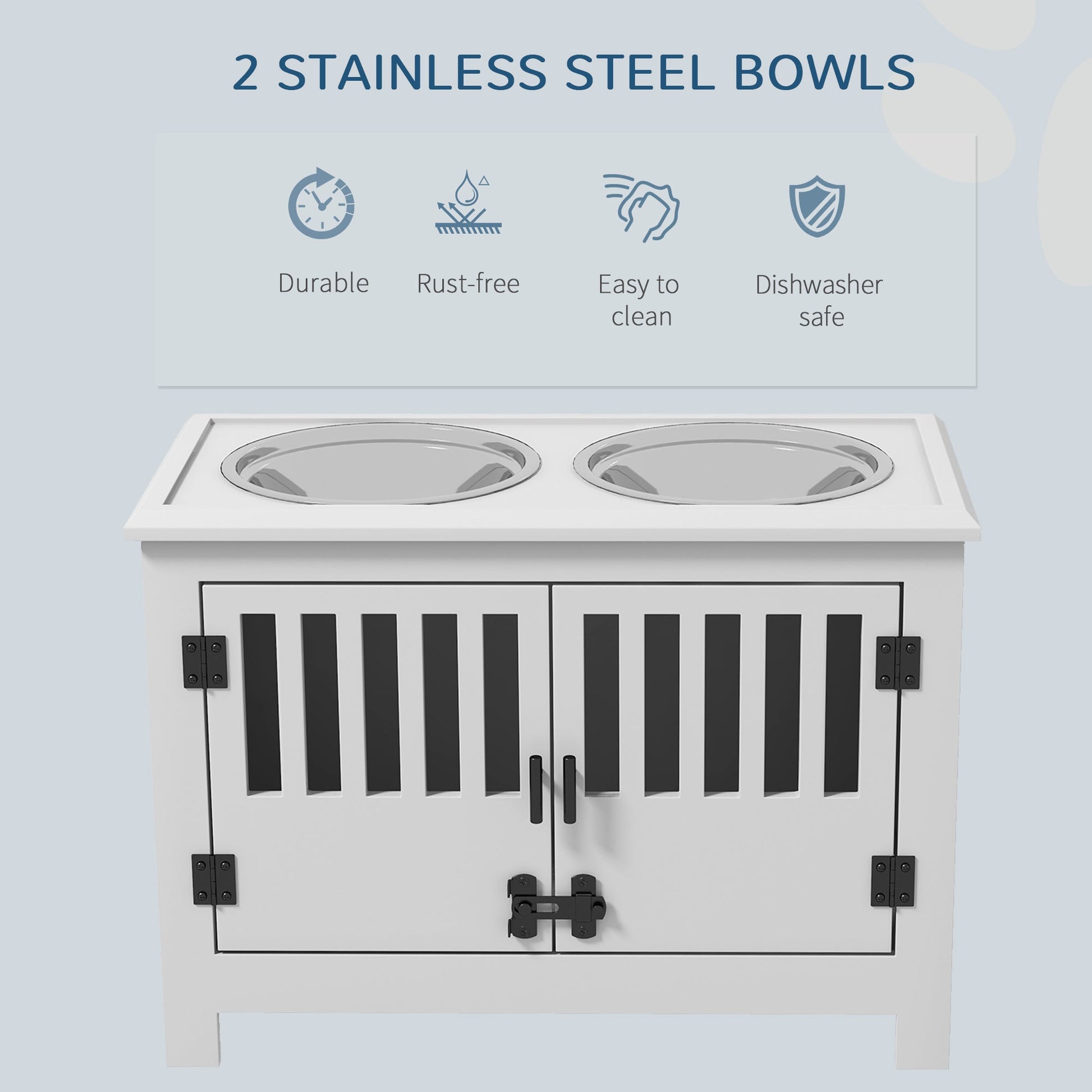 Raised Dog Bowls for Large Dogs, Pet Feeding Station, Doors with Latch, Storage Cabinet, Two Stainless Steel Bowls - White