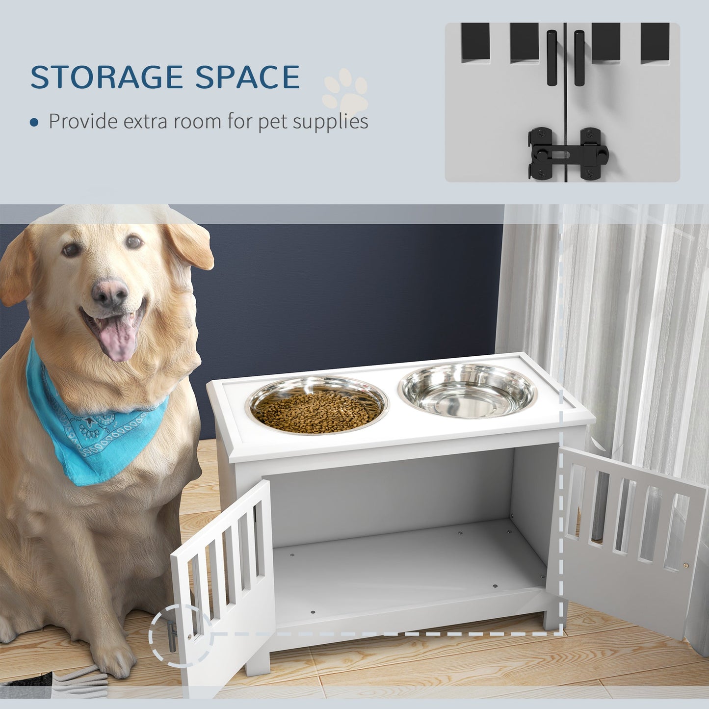 Raised Dog Bowls for Large Dogs, Pet Feeding Station, Doors with Latch, Storage Cabinet, Two Stainless Steel Bowls - White