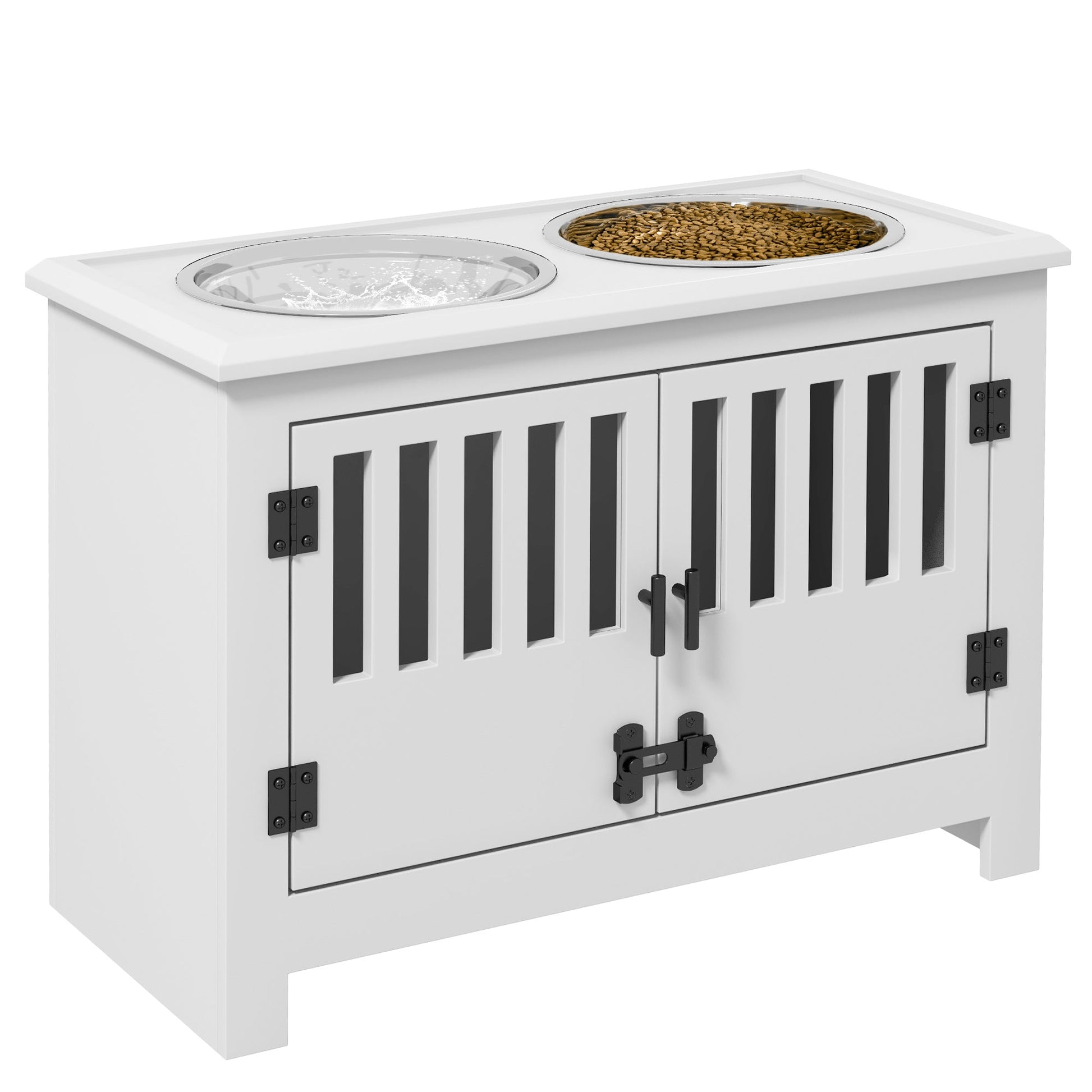 Raised Dog Bowls for Large Dogs, Pet Feeding Station, Doors with Latch, Storage Cabinet, Two Stainless Steel Bowls - White