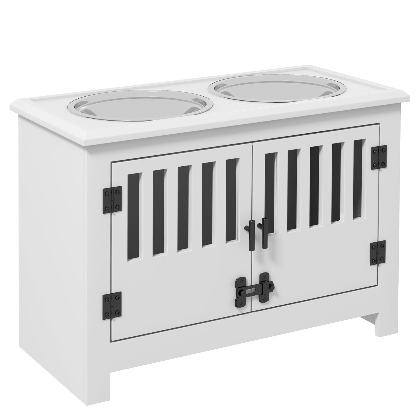 Raised Dog Bowls for Large Dogs, Pet Feeding Station, Doors with Latch, Storage Cabinet, Two Stainless Steel Bowls - White